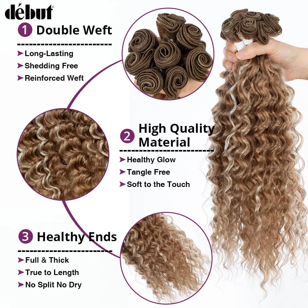 DÉBUT Synthetic Hair 8 Bundles with Simple Closure Water Wave High Temperature Fiber Wavy Hair Weave 9PCS 20 Inches Highlight Blonde 240G