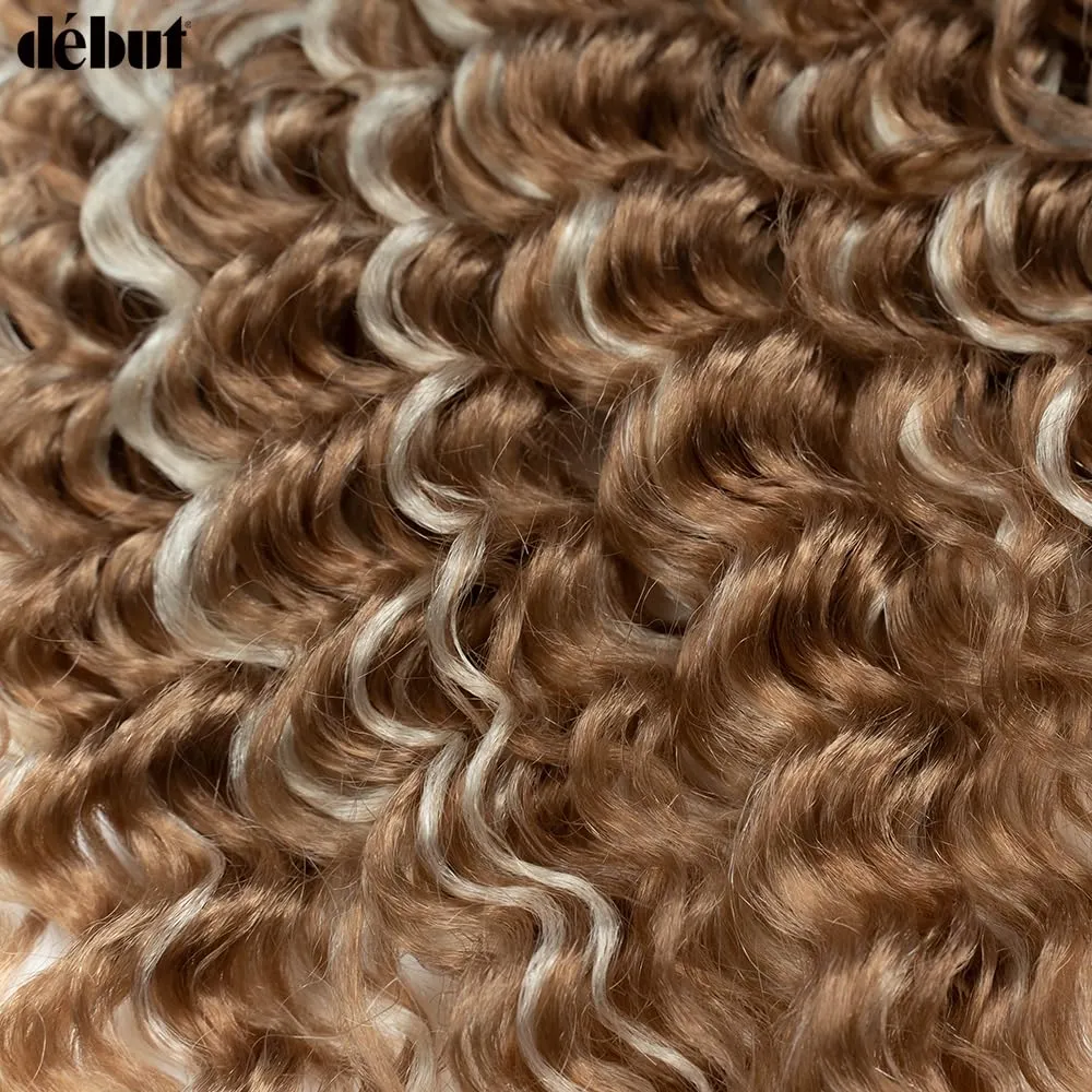 DÉBUT Synthetic Hair 8 Bundles with Simple Closure Water Wave High Temperature Fiber Wavy Hair Weave 9PCS 20 Inches Highlight Blonde 240G