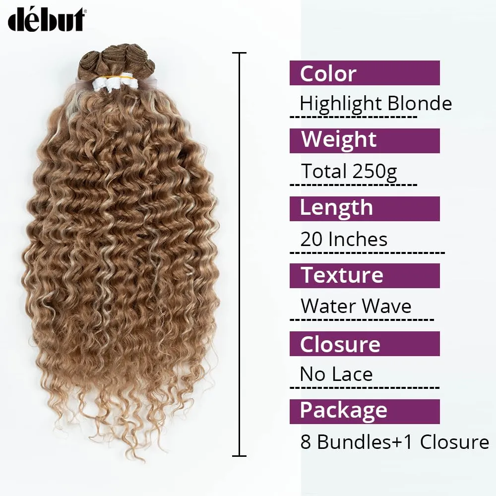 DÉBUT Synthetic Hair 8 Bundles with Simple Closure Water Wave High Temperature Fiber Wavy Hair Weave 9PCS 20 Inches Highlight Blonde 240G