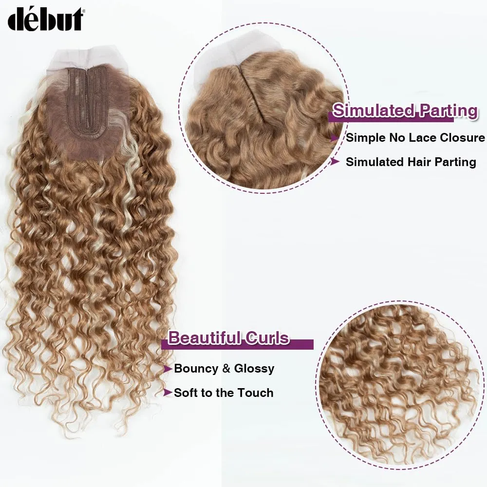 DÉBUT Synthetic Hair 8 Bundles with Simple Closure Water Wave High Temperature Fiber Wavy Hair Weave 9PCS 20 Inches Highlight Blonde 240G