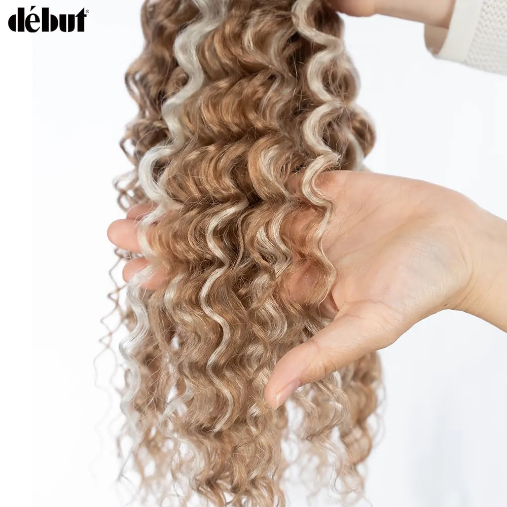 DÉBUT Synthetic Hair 8 Bundles with Simple Closure Water Wave High Temperature Fiber Wavy Hair Weave 9PCS 20 Inches Highlight Blonde 240G