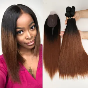 DÉBUT Yaki Straight Synthetic Hair 6 Bundles with Simple Closure Heat Resistant Kinky Straight Hair Weave 7pcs 250g for Full Head High Temperature Fiber 16 18 20 Inches Black Mixed Brown TT1B/30