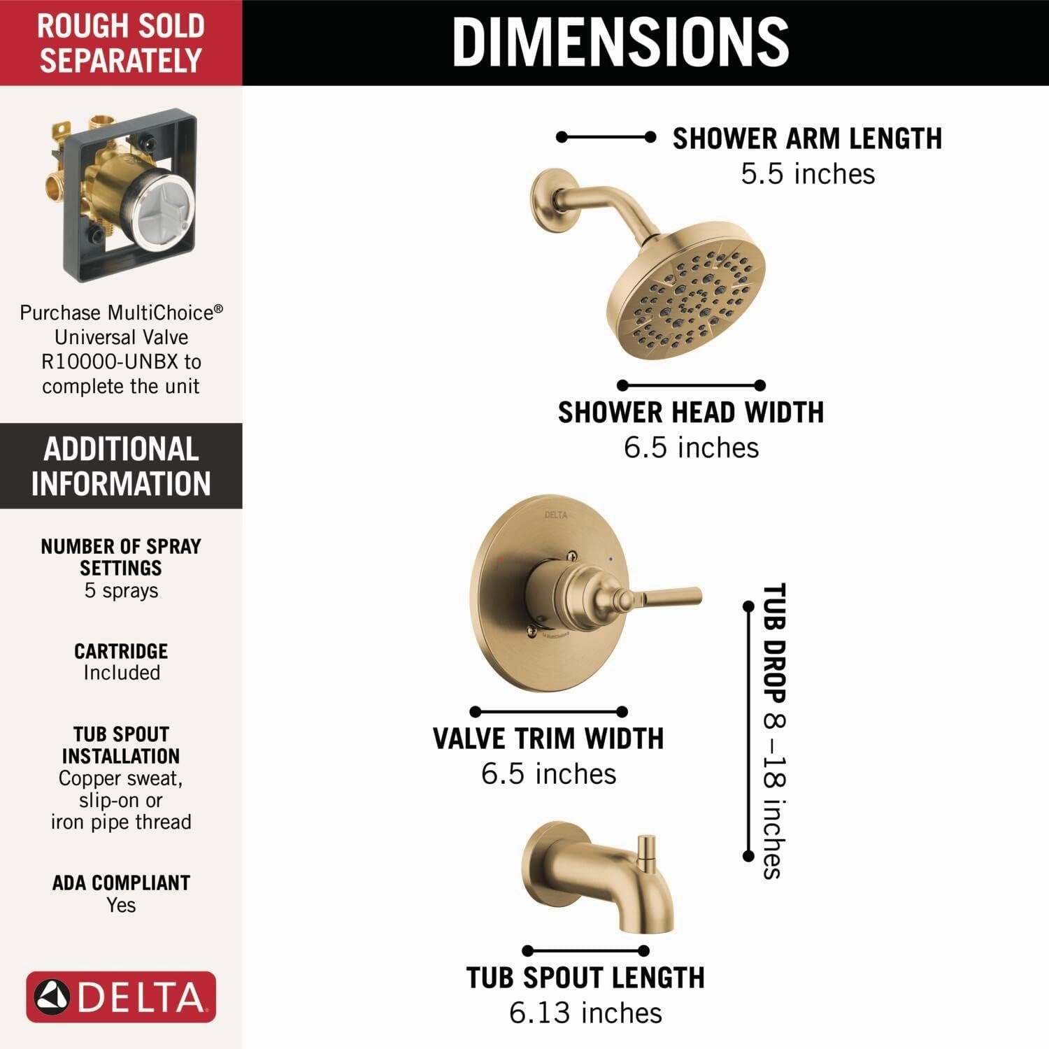 Delta Faucet Saylor 14 Series Gold Tub and Shower Faucet Combo, Bathtub and Shower Trim System, Shower Trim Kit, Bathtub Faucet Set, Shower Tub Faucet, Champagne Bronze T14435-CZ (Valve Not Included)