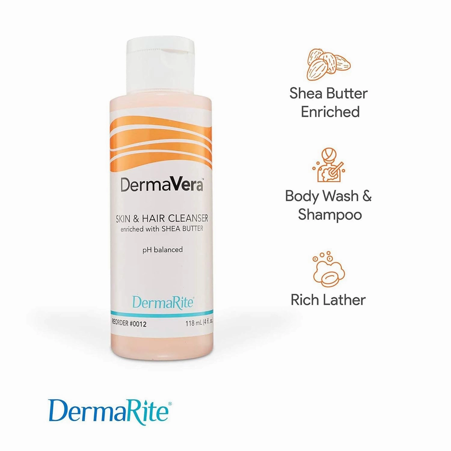 DermaRite DermaVera Skin & Hair Cleanser - Shampoo and Body Wash with Moisturizing Shea Butter, pH Balanced - 7.5 oz., 48 Count