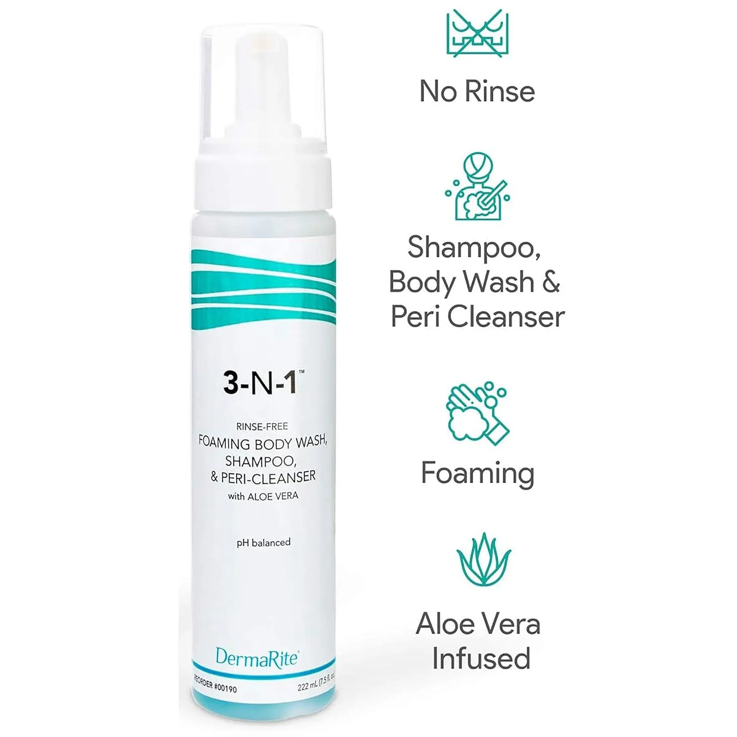 DermaRite's 3-N-1 Cleansing Foam - Rinse-Free Foaming Body Wash, Shampoo & Peri-Cleanser - with Aloe Vera, pH Balanced - Pump Bottle, 7.5 oz, 2 Count
