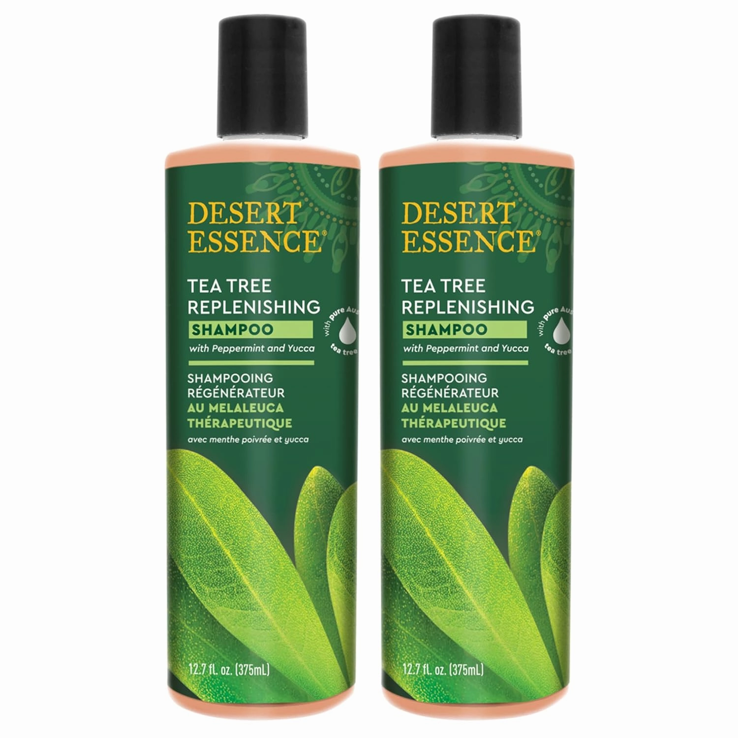 Desert Essence Tea Tree Replenishing Shampoo - 12.7 Fl Ounce - Pack of 2 - Therapeutic - Peppermint & Yucca - Restore & Nurture Hair - Reduce Flaking - All Skin Types