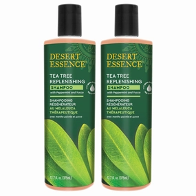 Desert Essence Tea Tree Replenishing Shampoo - 12.7 Fl Ounce - Pack of 2 - Therapeutic - Peppermint & Yucca - Restore & Nurture Hair - Reduce Flaking - All Skin Types