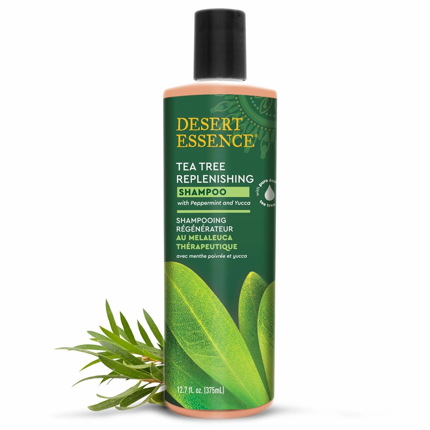 Desert Essence Tea Tree Replenishing Shampoo - 12.7 Fl Ounce - Pack of 2 - Therapeutic - Peppermint & Yucca - Restore & Nurture Hair - Reduce Flaking - All Skin Types