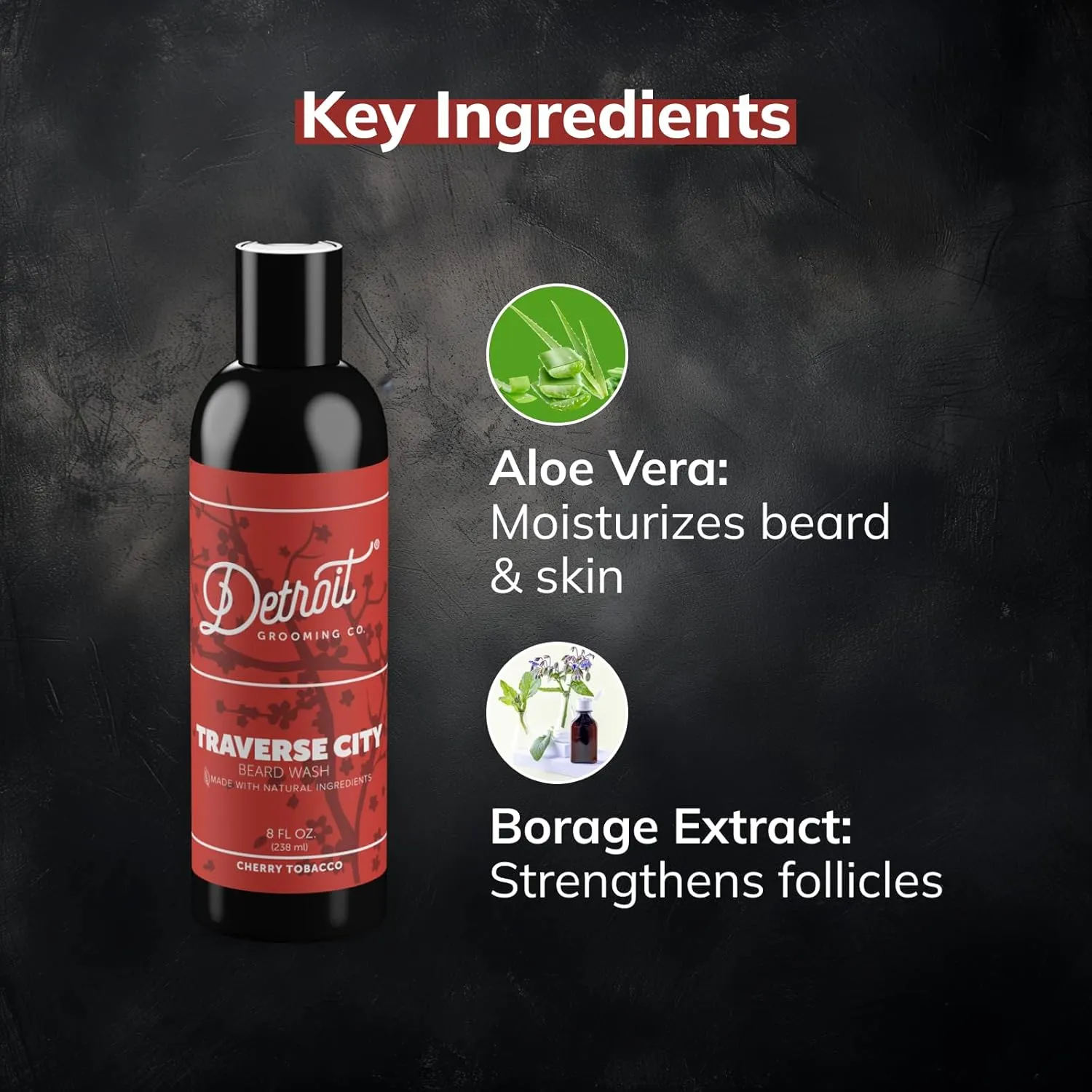 Detroit Grooming Co. Beard Wash - Men's Beard Shampoo - Deeply Cleanses & Refreshes Beards - Aloe Vera with Essential Oils - Beard & Mustache Cleanser - Cherry Tobacco Scent - Traverse City - 8oz