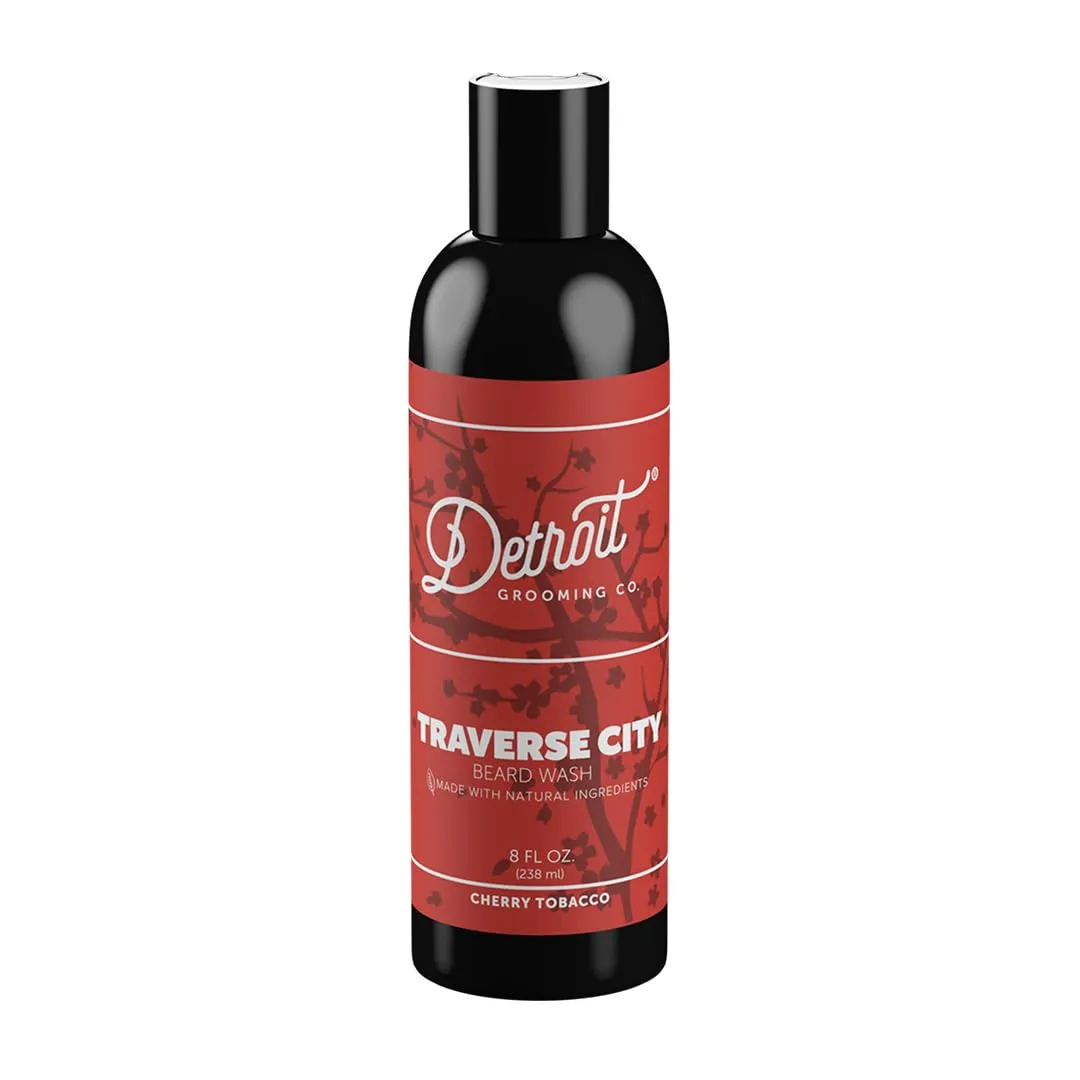 Detroit Grooming Co. Beard Wash - Men's Beard Shampoo - Deeply Cleanses & Refreshes Beards - Aloe Vera with Essential Oils - Beard & Mustache Cleanser - Cherry Tobacco Scent - Traverse City - 8oz