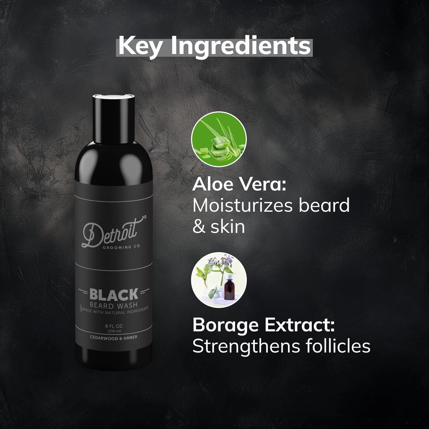Detroit Grooming Co. Beard Wash - Men's Deeply Cleansing Shampoo for Beards and Mustaches - Aloe Vera and Essential Oils for Refreshing - Cedarwood & Amber Scent - Black Edition - 8oz