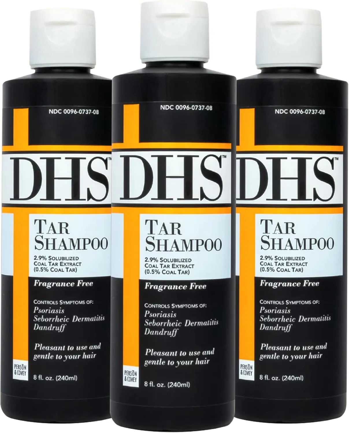 DHS Person & Covey, Inc Coal Tar Shampoo - Anti Dandruff Shampoo for Men & Women, Psoriasis Shampoo & Dandruff Hair Care for Itchy Scalp, Unscented Seborrheic Dermatitis Shampoo - 8 Fl Oz, Pack of 3