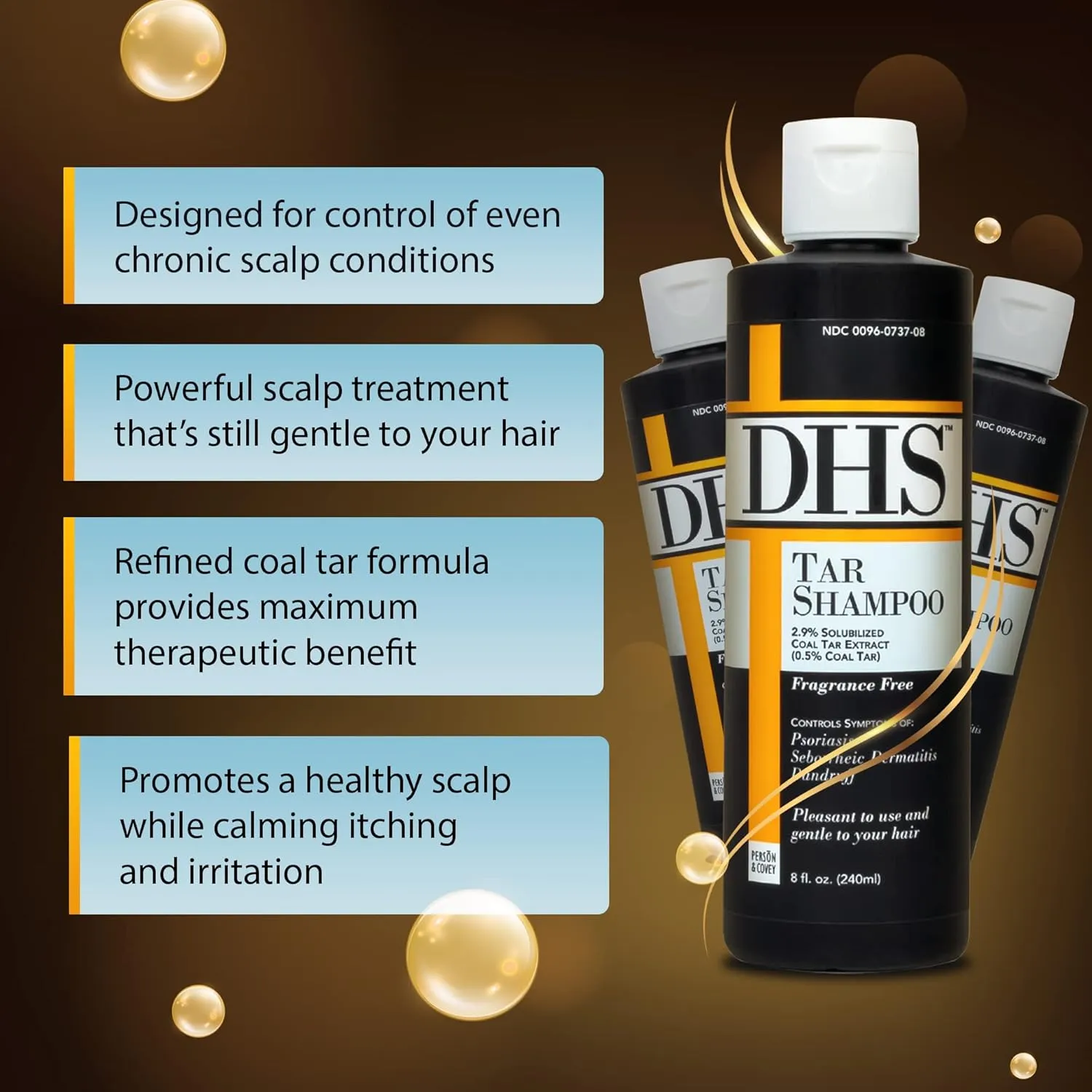 DHS Person & Covey, Inc Coal Tar Shampoo - Anti Dandruff Shampoo for Men & Women, Psoriasis Shampoo & Dandruff Hair Care for Itchy Scalp, Unscented Seborrheic Dermatitis Shampoo - 8 Fl Oz, Pack of 3