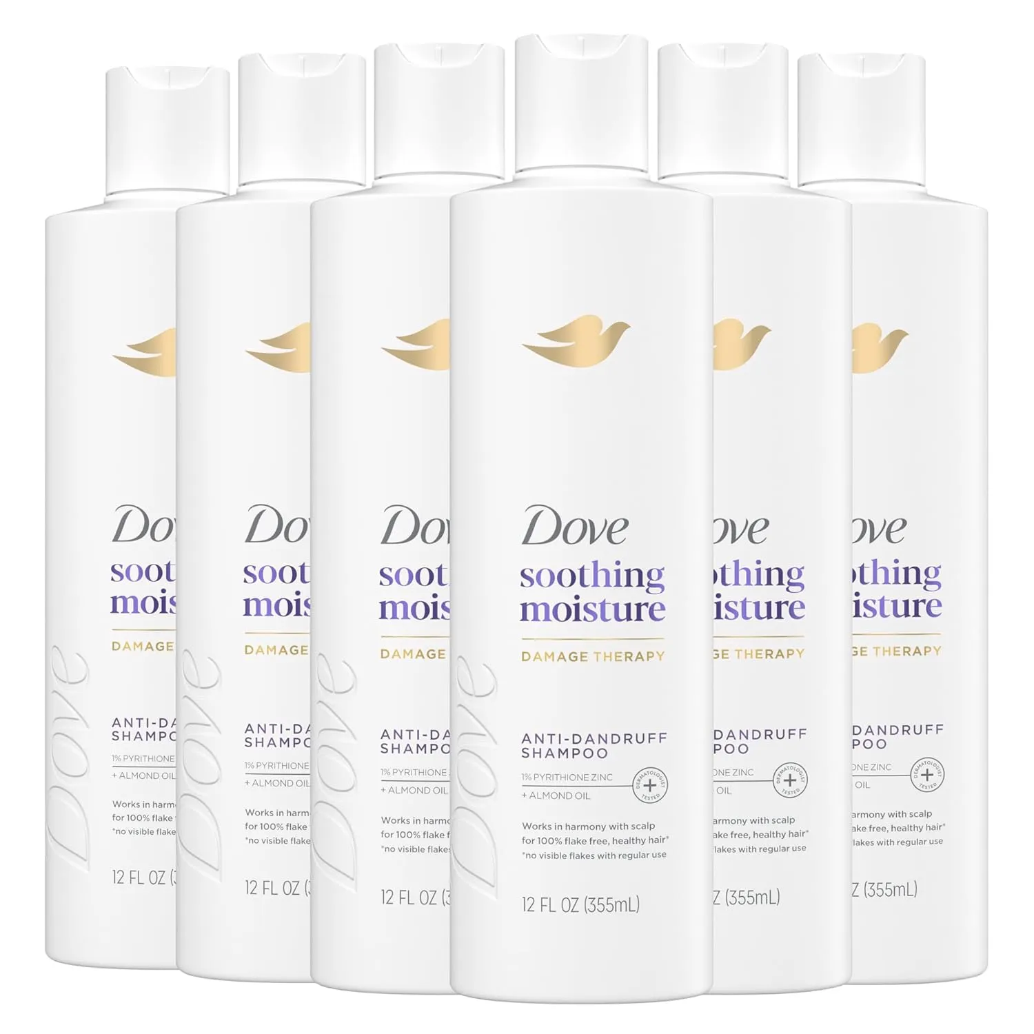 Dove Damage Therapy Derma Shampoo Soothing Moisture Pack of 6 for Flaky Scalp with Pyrithione Zinc and Almond Oil 12 Fl Oz