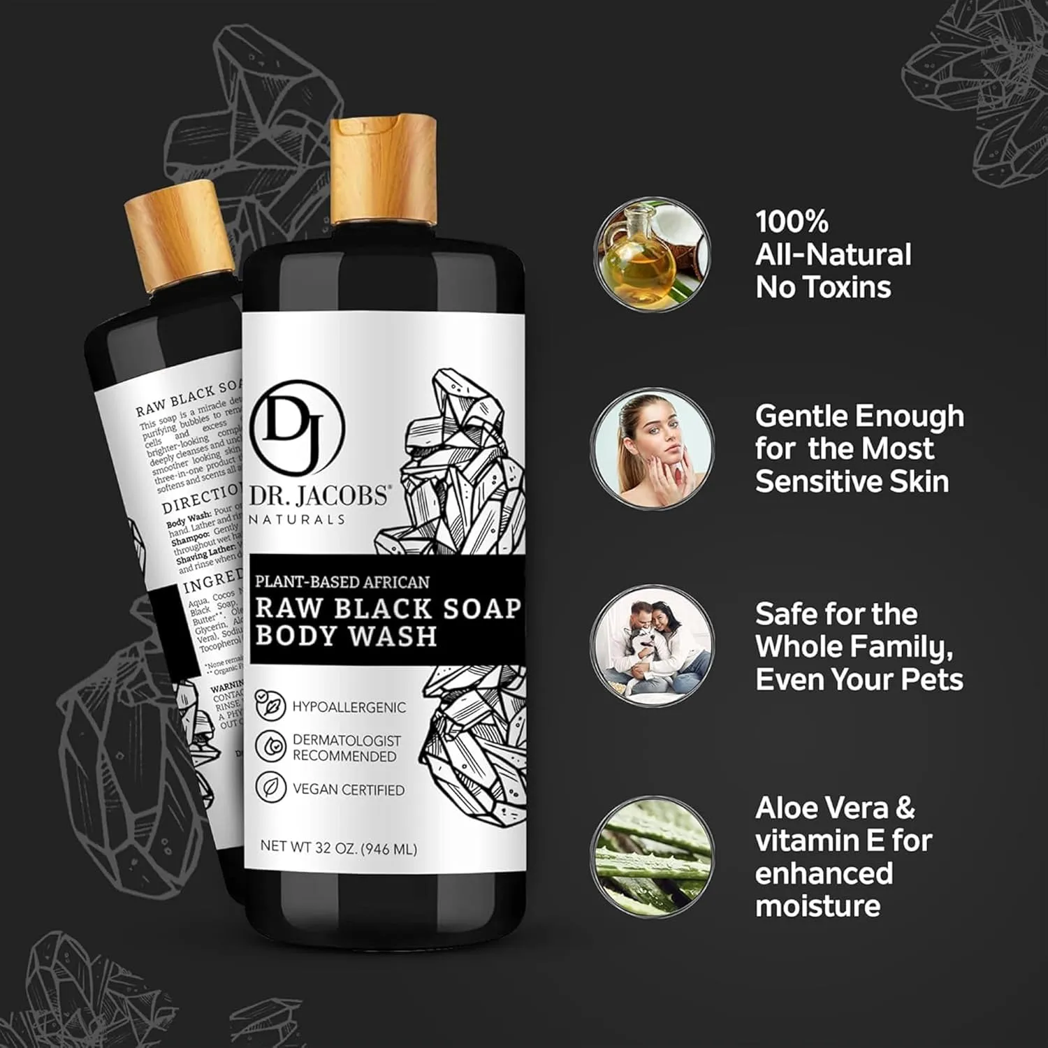 Dr Jacobs Naturals Authentic African Raw Black Soap, All-In-One Cleanser for Face Wash, Sensitive Skin Body Wash, Shampoo, Shaving Soap | Shea Butter Moisturizing and Nourishing Formula | 32oz 2pk