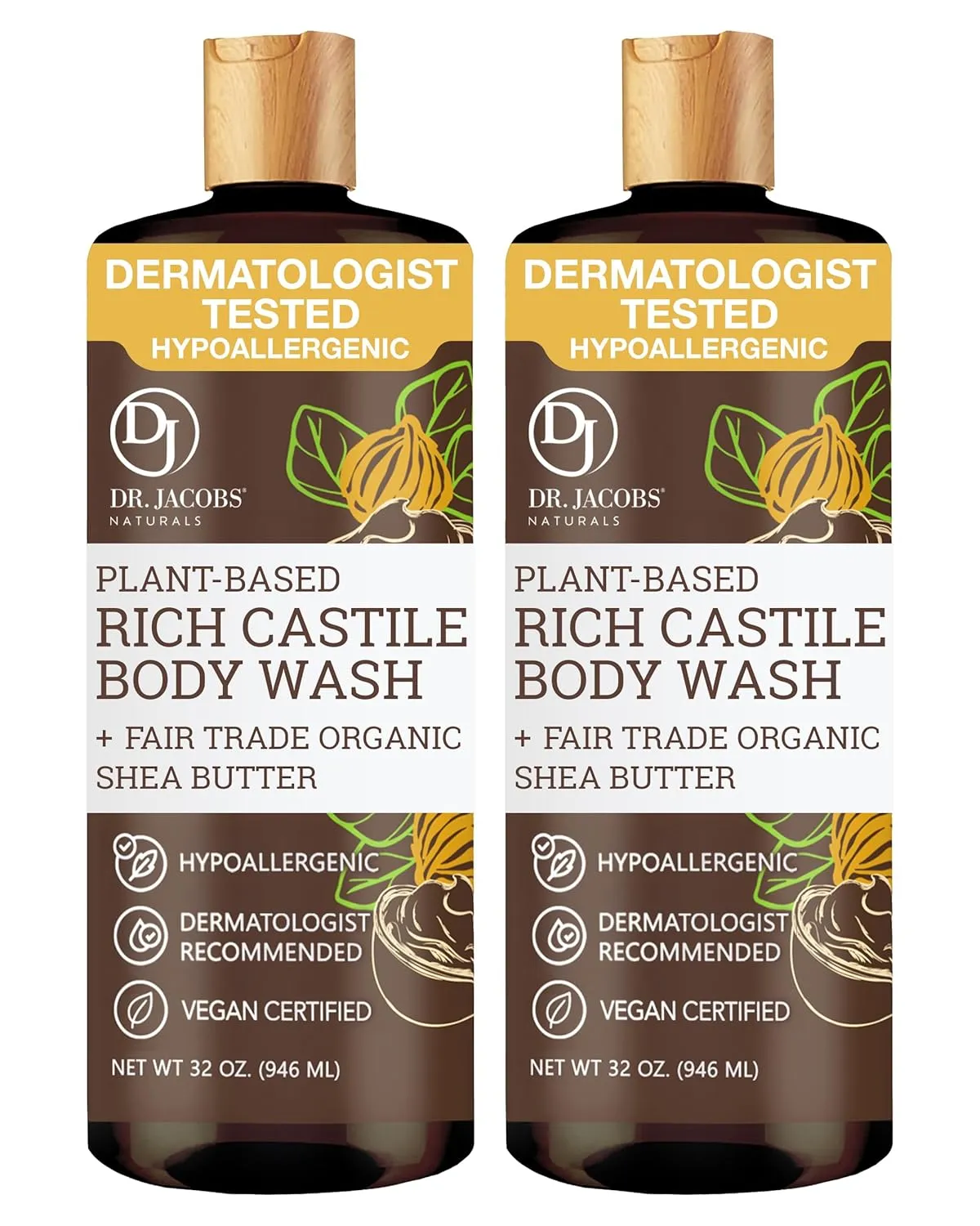 DR. JACOBS NATURALS Castile Shea Butter All-Natural Body Wash for Moisturizing Dry and Sensitive Skin Shampoo with Plant-Based Ingredients Gluten, Preservatives-Free Formula - 32 oz, Pack of 2
