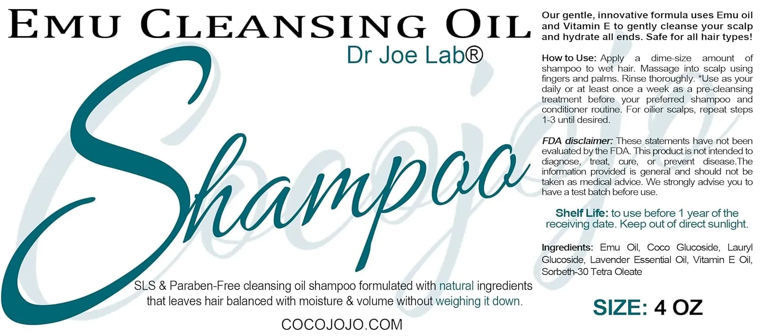 Dr Joe Lab Emu Facial Deep Cleansing - Oil Based - Gentle Skin Cleanser for all Skin Types Water-free - Shampoo for All Hair Types (4 oz)