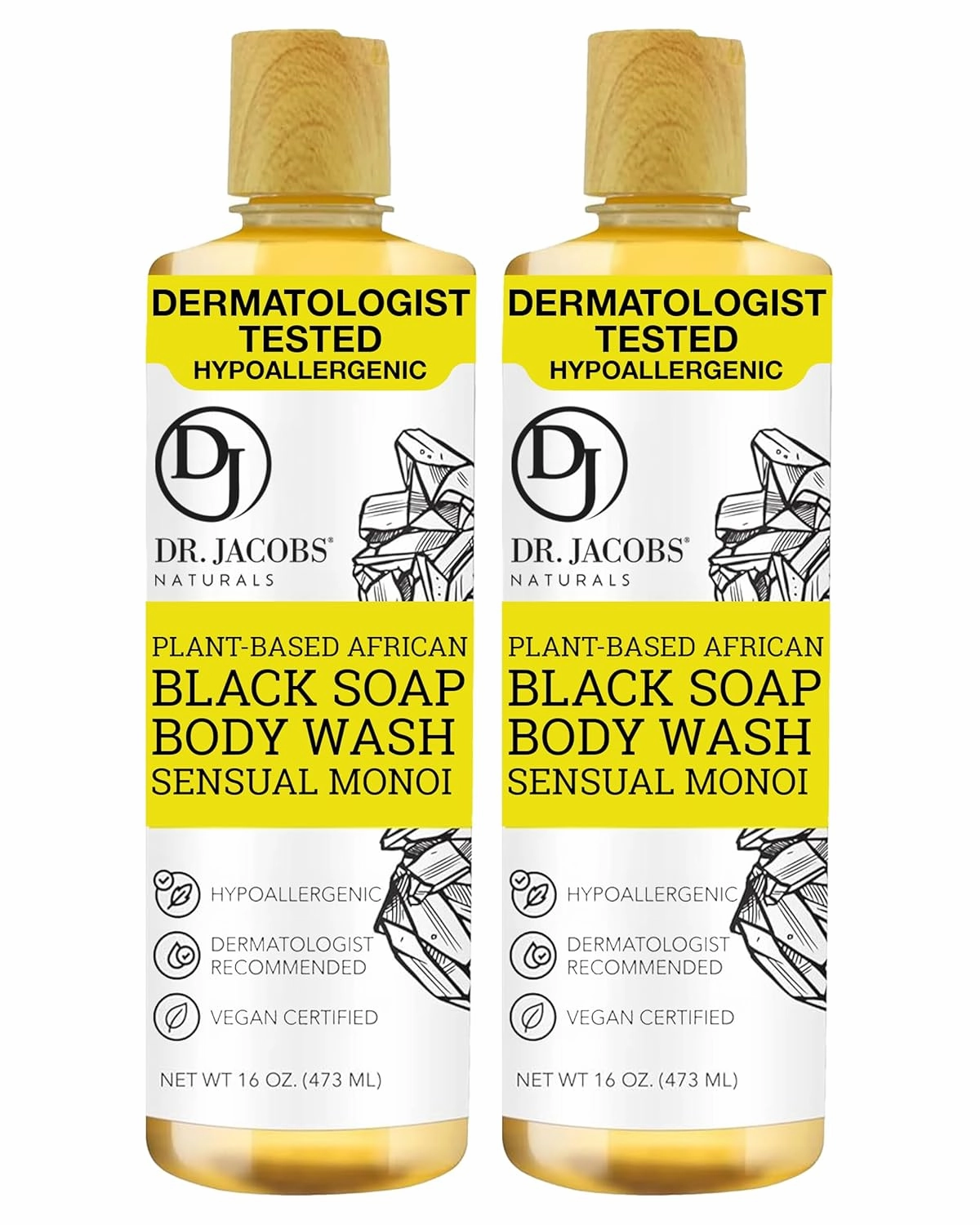 Dr Jacobs Naturals Authentic African Black Liquid Soap with Sensual Monoi Scent | All-In-One Face Wash, Sensitive Skin Body Wash, Shampoo, Shaving Soap | Moisturizing and Nourishing Formula | 16oz 2pk