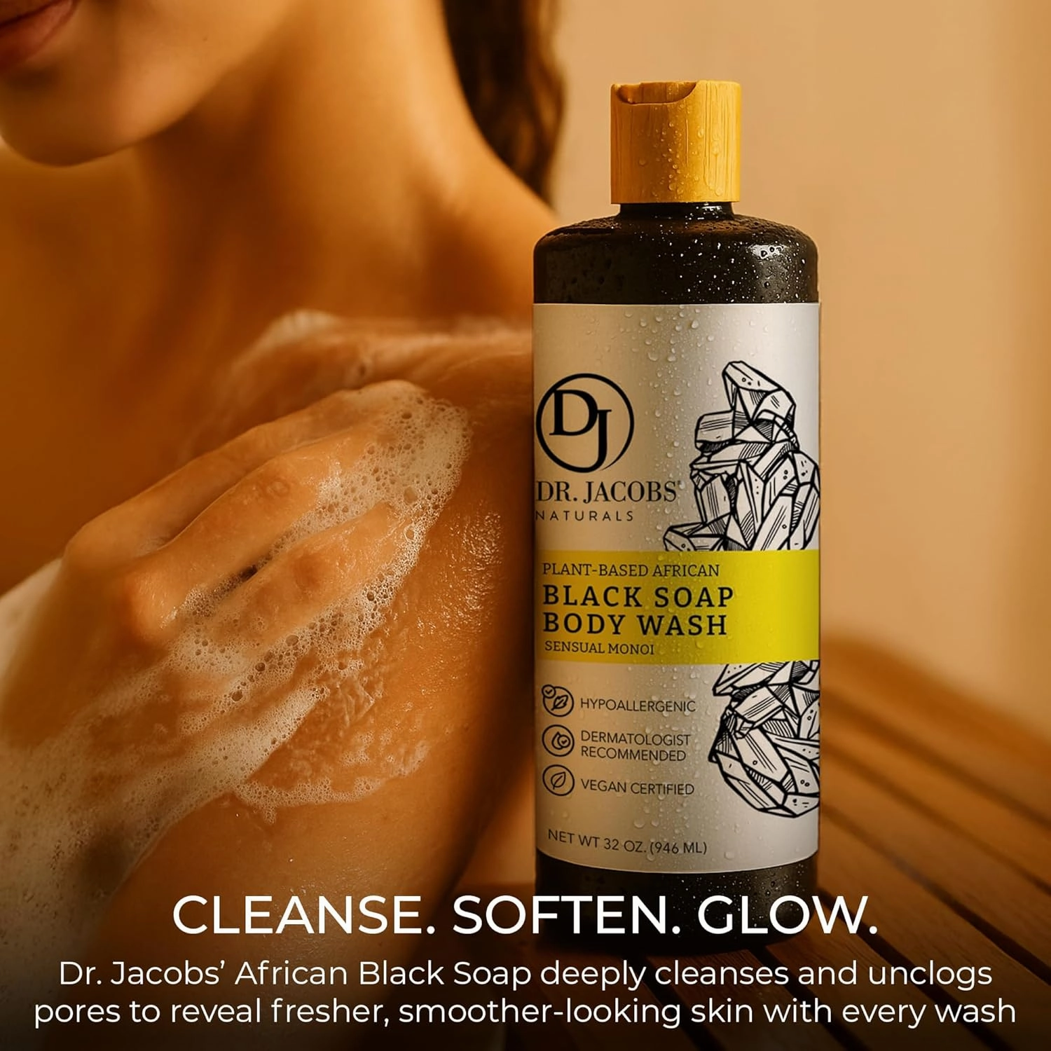 Dr Jacobs Naturals Authentic African Black Liquid Soap with Sensual Monoi Scent | All-In-One Face Wash, Sensitive Skin Body Wash, Shampoo, Shaving Soap | Moisturizing and Nourishing Formula | 16oz 2pk
