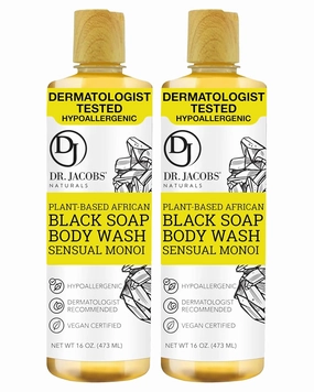 Dr Jacobs Naturals Authentic African Black Liquid Soap with Sensual Monoi Scent | All-In-One Face Wash, Sensitive Skin Body Wash, Shampoo, Shaving Soap | Moisturizing and Nourishing Formula | 16oz 2pk