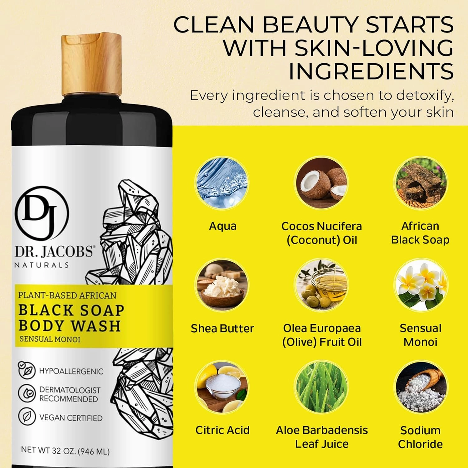 Dr Jacobs Naturals Authentic African Black Liquid Soap with Sensual Monoi Scent | All-In-One Face Wash, Sensitive Skin Body Wash, Shampoo, Shaving Soap | Moisturizing and Nourishing Formula | 16oz 2pk