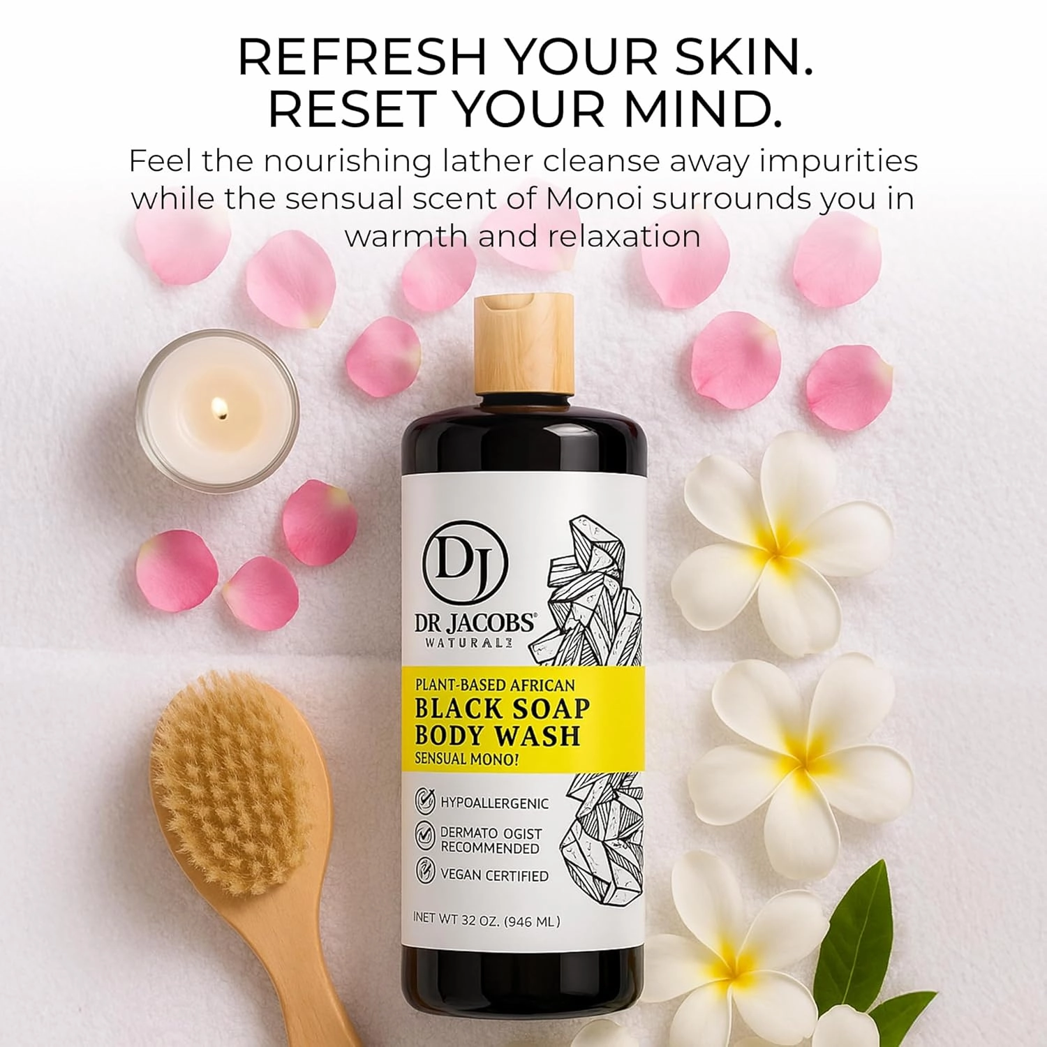 Dr Jacobs Naturals Authentic African Black Liquid Soap with Sensual Monoi Scent | All-In-One Face Wash, Sensitive Skin Body Wash, Shampoo, Shaving Soap | Moisturizing and Nourishing Formula | 16oz 2pk
