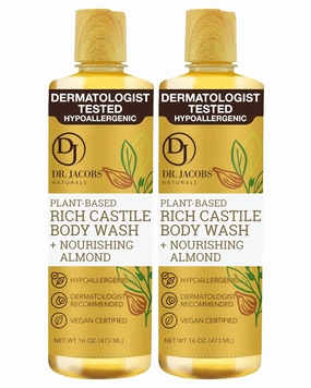 DR. JACOBS NATURALS Castile Almond All-Natural Body Wash for Moisturizing Dry and Sensitive Skin Shampoo with Plant-Based Ingredients Gluten, Preservatives-Free Formula - 16 oz, Pack of 2