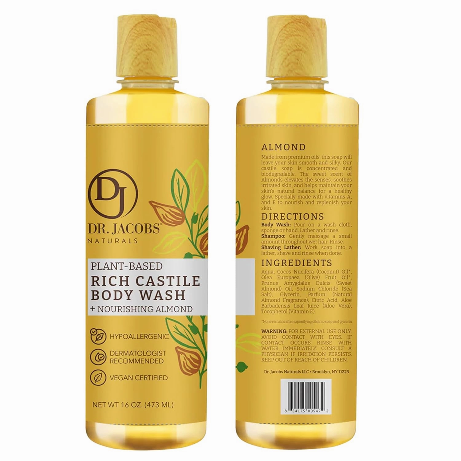 DR. JACOBS NATURALS Castile Almond All-Natural Body Wash for Moisturizing Dry and Sensitive Skin Shampoo with Plant-Based Ingredients Gluten, Preservatives-Free Formula - 16 oz, Pack of 2