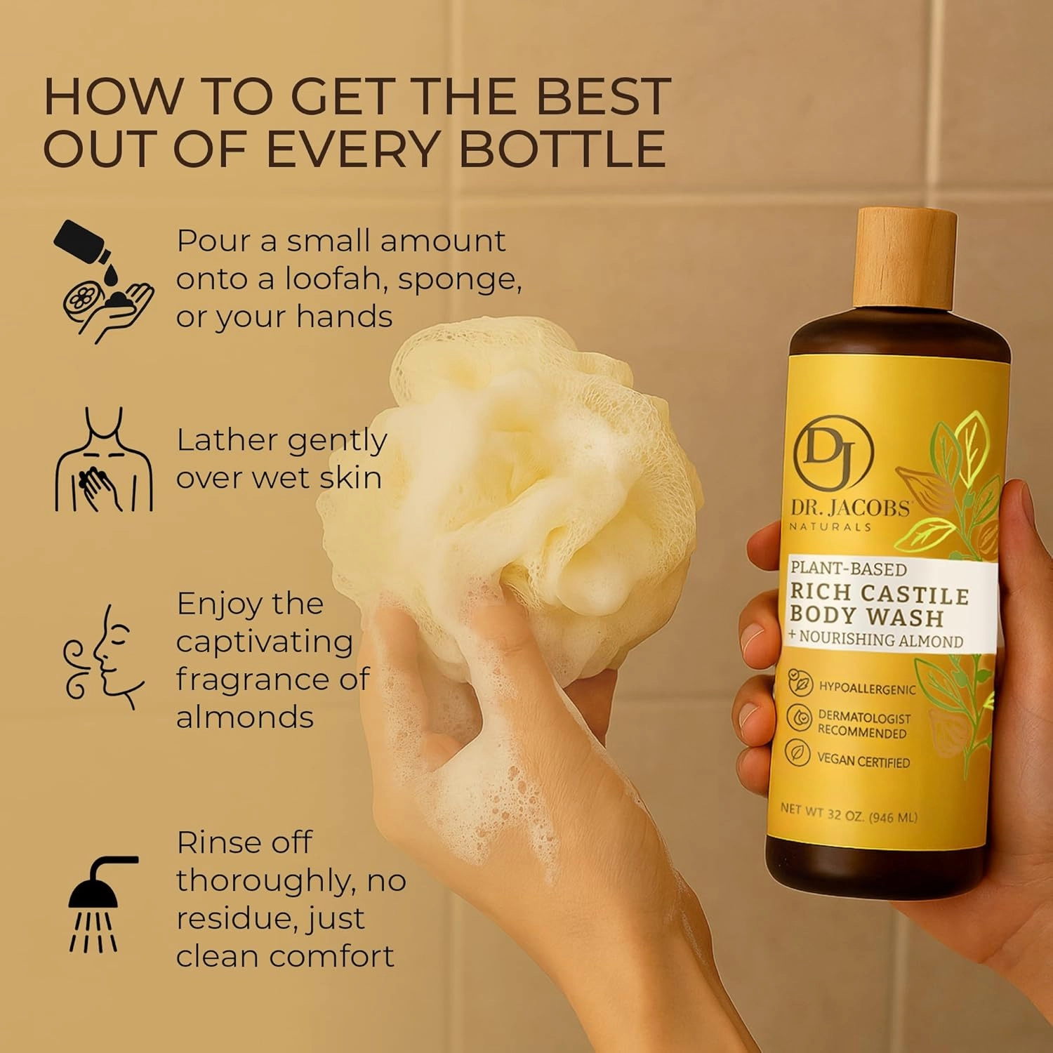 DR. JACOBS NATURALS Castile Almond All-Natural Body Wash for Moisturizing Dry and Sensitive Skin Shampoo with Plant-Based Ingredients Gluten, Preservatives-Free Formula - 16 oz, Pack of 2