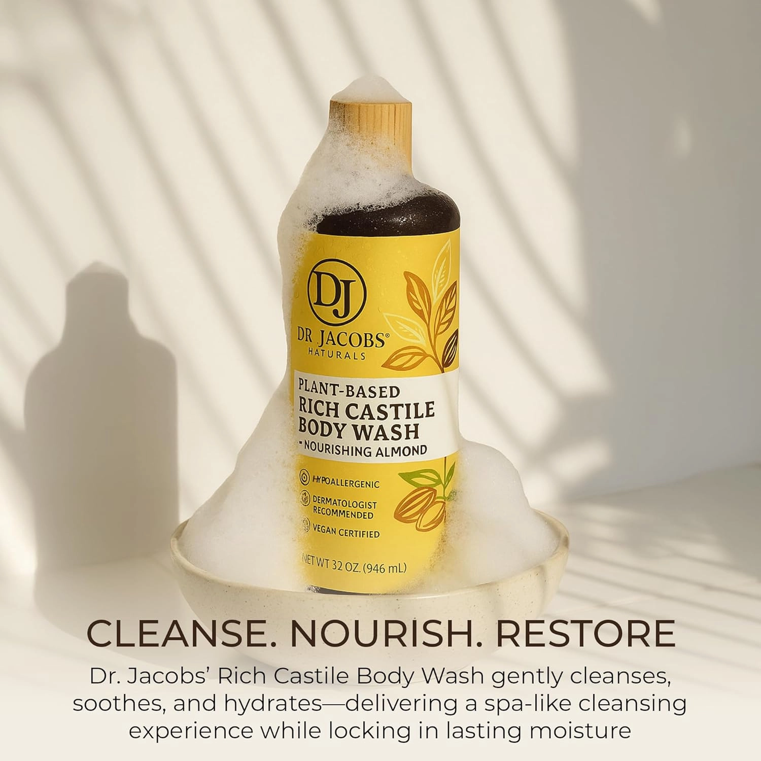 DR. JACOBS NATURALS Castile Almond All-Natural Body Wash for Moisturizing Dry and Sensitive Skin Shampoo with Plant-Based Ingredients Gluten, Preservatives-Free Formula - 16 oz, Pack of 2