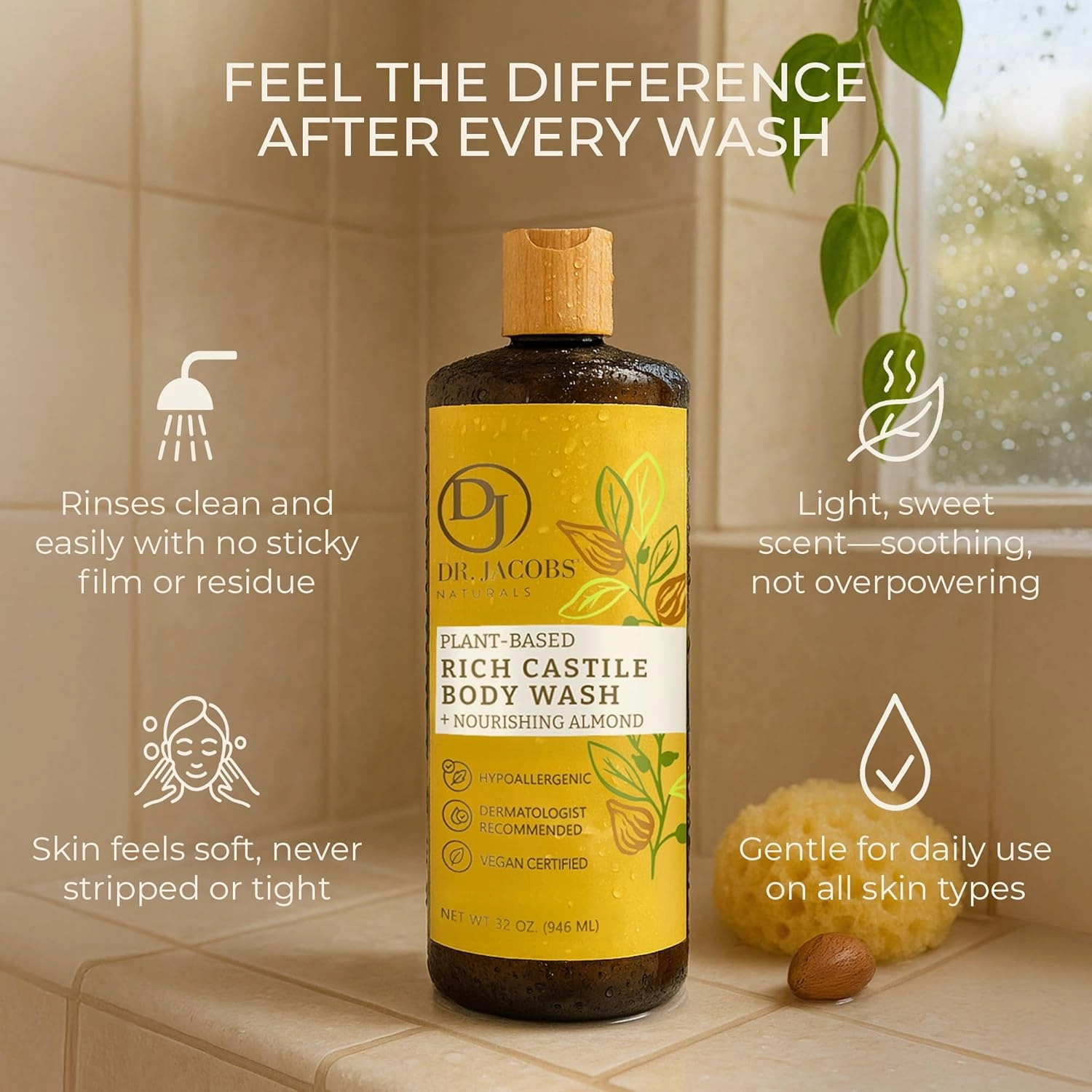 DR. JACOBS NATURALS Castile Almond All-Natural Body Wash for Moisturizing Dry and Sensitive Skin Shampoo with Plant-Based Ingredients Gluten, Preservatives-Free Formula - 16 oz, Pack of 2