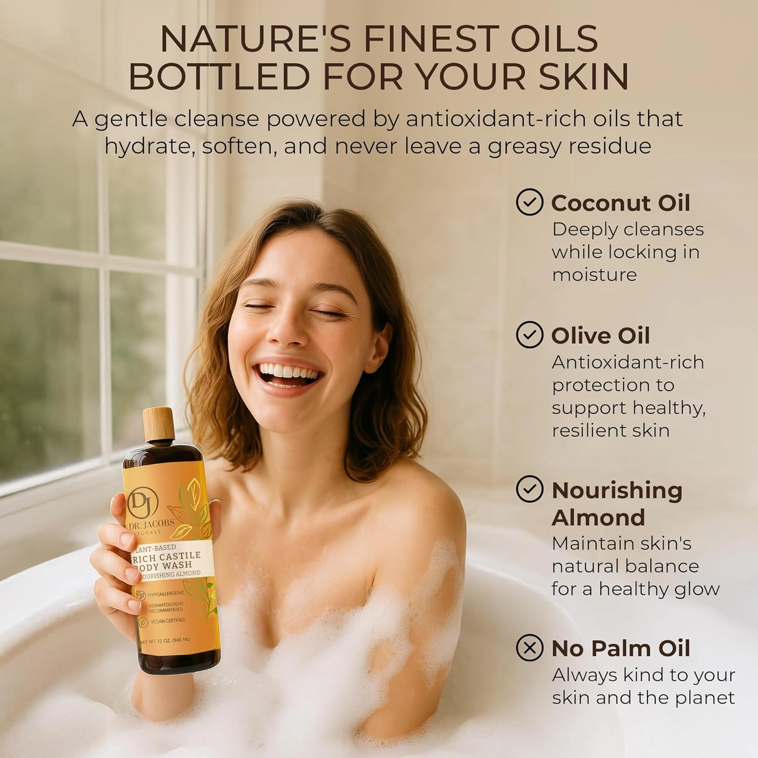 DR. JACOBS NATURALS Castile Almond All-Natural Body Wash for Moisturizing Dry and Sensitive Skin Shampoo with Plant-Based Ingredients Gluten, Preservatives-Free Formula - 16 oz, Pack of 2