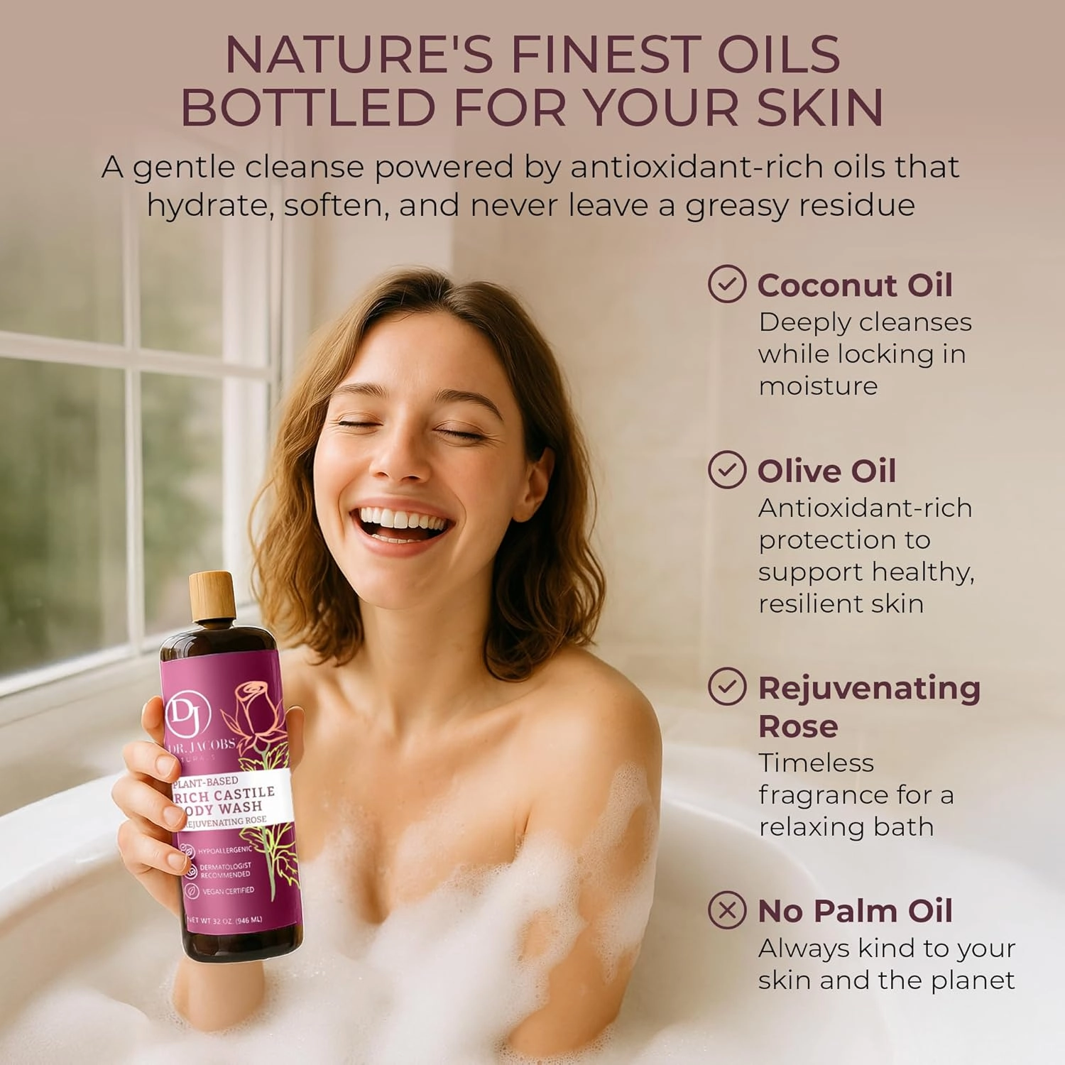 DR. JACOBS NATURALS Castile Rose All-Natural Body Wash for Moisturizing Dry and Sensitive Skin Shampoo with Plant-Based Ingredients Gluten, Preservatives-Free Formula - 16 oz, Pack of 2