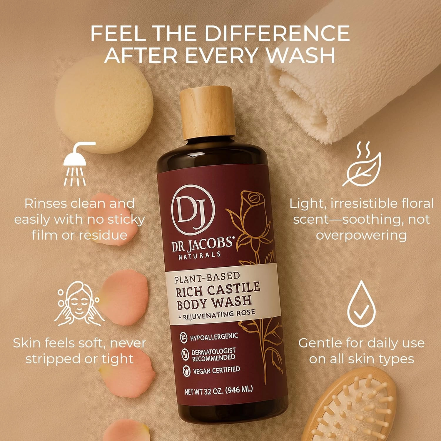 DR. JACOBS NATURALS Castile Rose All-Natural Body Wash for Moisturizing Dry and Sensitive Skin Shampoo with Plant-Based Ingredients Gluten, Preservatives-Free Formula - 16 oz, Pack of 2