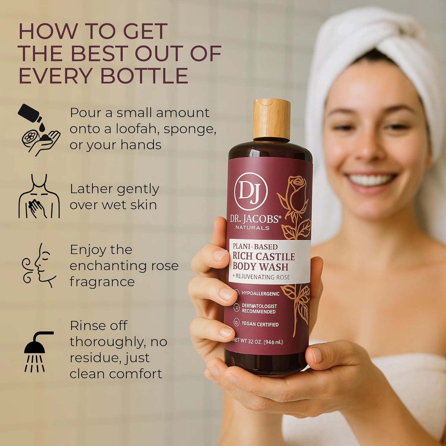 DR. JACOBS NATURALS Castile Rose All-Natural Body Wash for Moisturizing Dry and Sensitive Skin Shampoo with Plant-Based Ingredients Gluten, Preservatives-Free Formula - 16 oz, Pack of 2