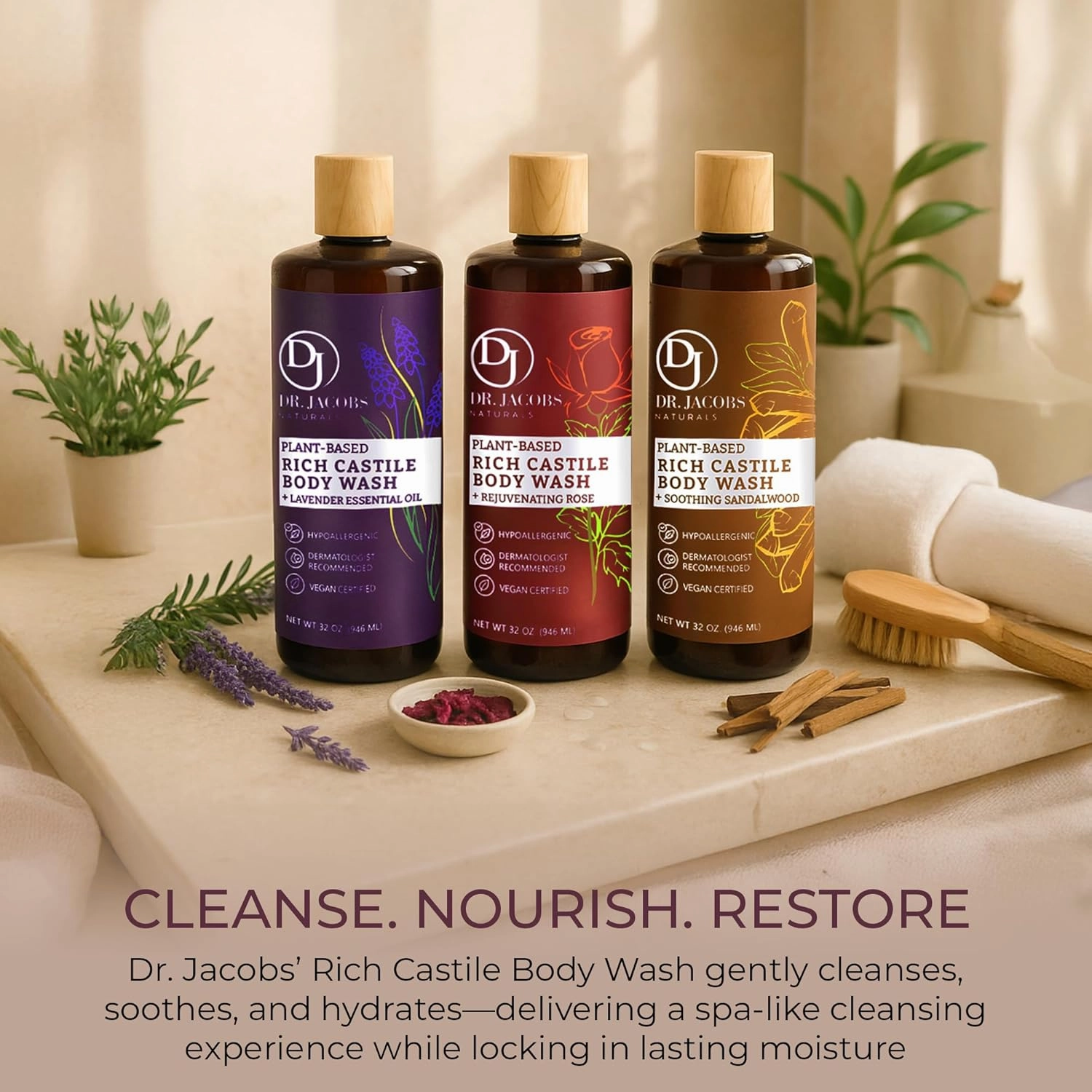 DR. JACOBS NATURALS Castile Rose All-Natural Body Wash for Moisturizing Dry and Sensitive Skin Shampoo with Plant-Based Ingredients Gluten, Preservatives-Free Formula - 16 oz, Pack of 2