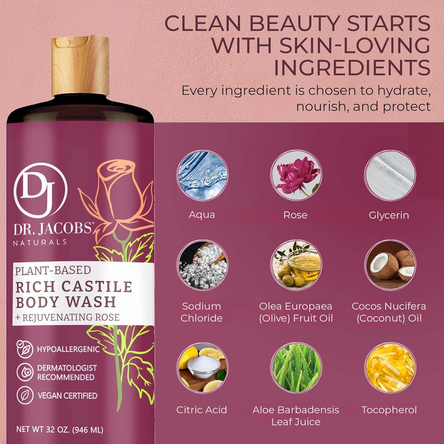 DR. JACOBS NATURALS Castile Rose All-Natural Body Wash for Moisturizing Dry and Sensitive Skin Shampoo with Plant-Based Ingredients Gluten, Preservatives-Free Formula - 16 oz, Pack of 2