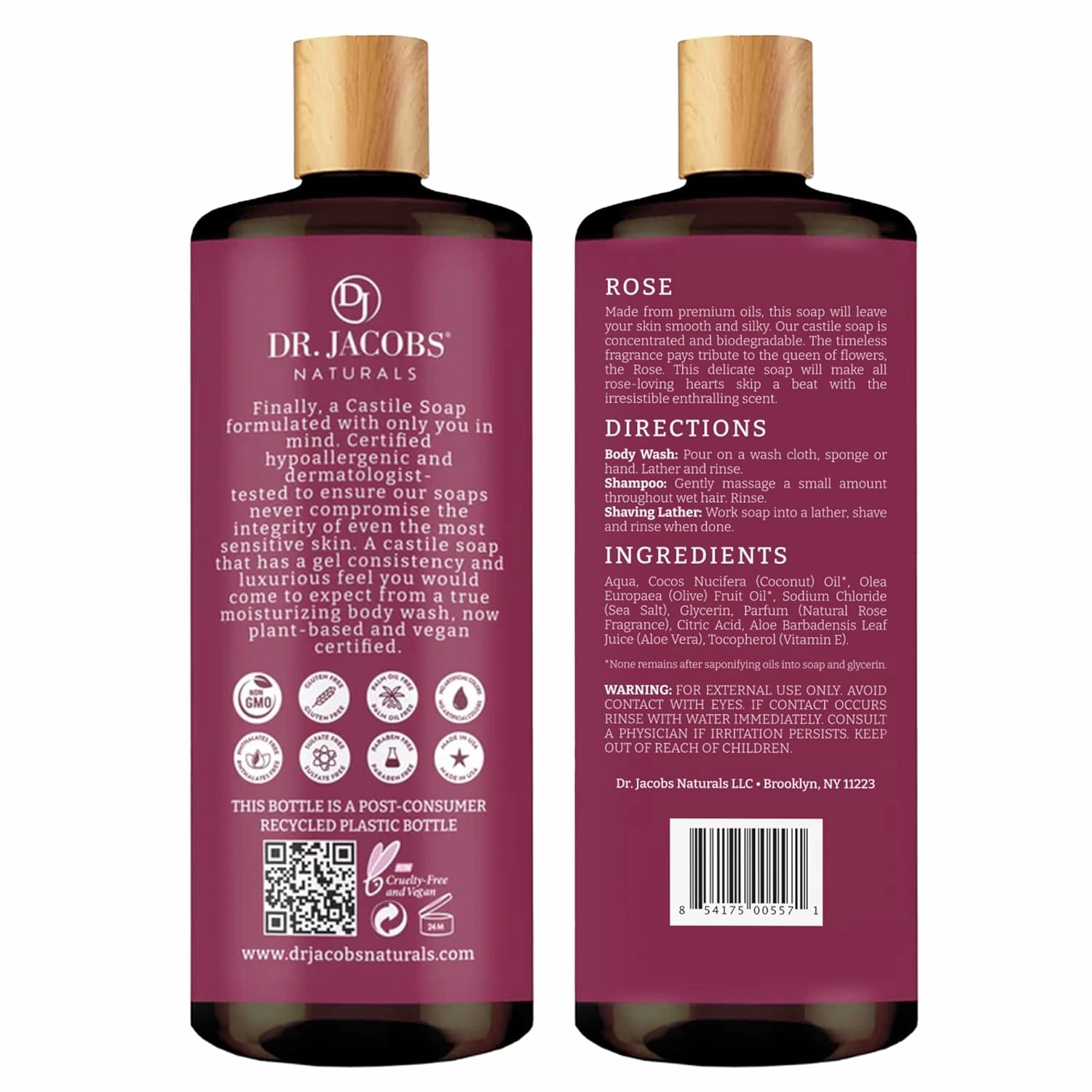 DR. JACOBS NATURALS Castile Rose All-Natural Body Wash for Moisturizing Dry and Sensitive Skin Shampoo with Plant-Based Ingredients Gluten, Preservatives-Free Formula - 16 oz, Pack of 2
