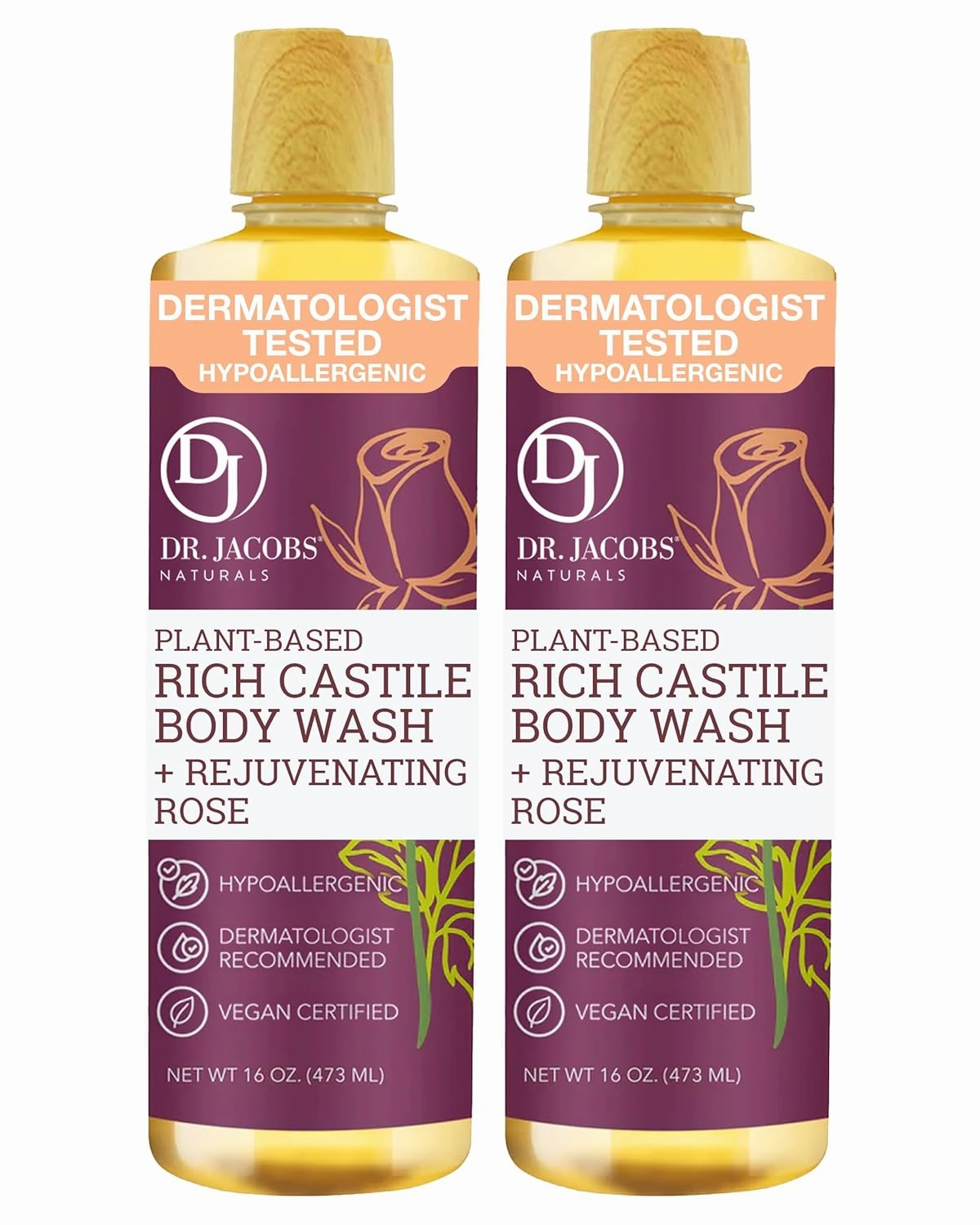 DR. JACOBS NATURALS Castile Rose All-Natural Body Wash for Moisturizing Dry and Sensitive Skin Shampoo with Plant-Based Ingredients Gluten, Preservatives-Free Formula - 16 oz, Pack of 2
