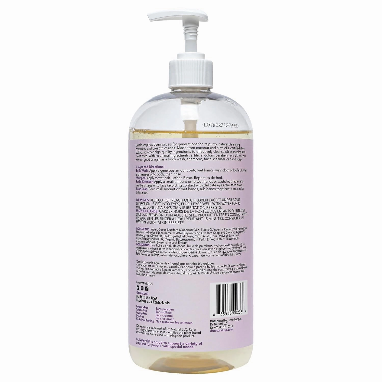 Dr. Natural Castile Liquid Soap, Lavender, 32 oz - Plant-Based - Made with Organic Shea Butter - Rich in Coconut and Olive Oils - Sulfate and Paraben-Free, Cruelty-Free - Multi-Purpose Soap