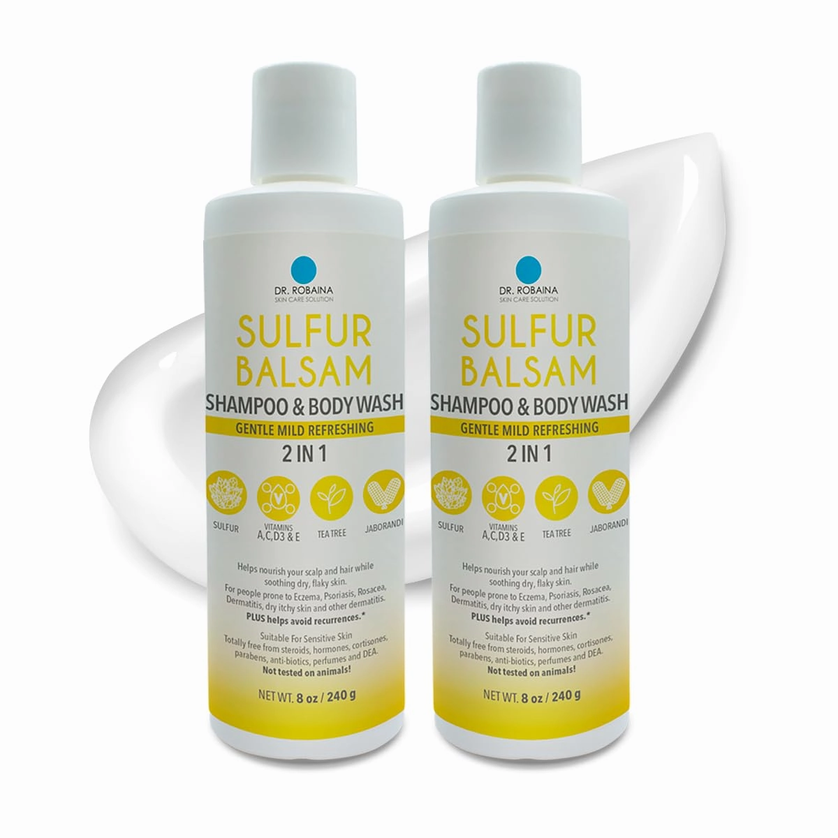 Dr. Robaina Sulfur Balsam Shampoo & Body Wash – Gentle 2-in-1 Cleanser for Seborrheic Dermatitis and Psoriasis Relief – Moisturizes Dry, Itchy Scalp and Skin – Made in the USA