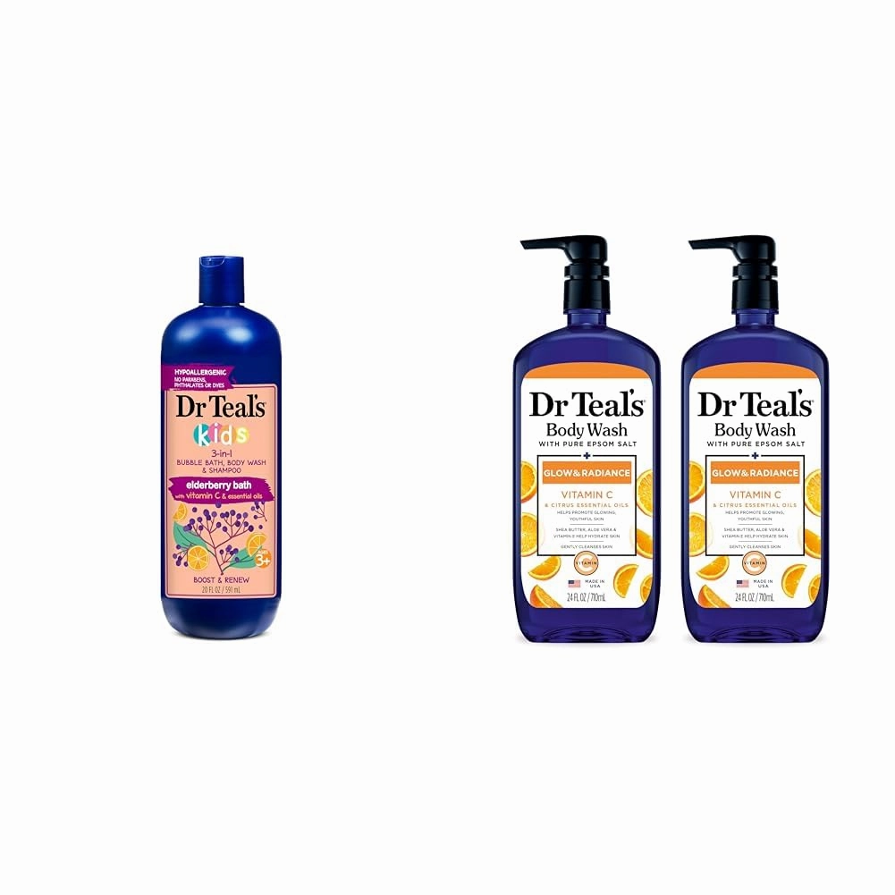 Dr Teal's Kids 3-in-1 Elderberry Bath: Bubble Bath, Body Wash & Shampoo, 20 fl oz. & Body Wash with Pure Epsom Salt, Glow & Radiance with Vitamin C & Citrus Essential Oils