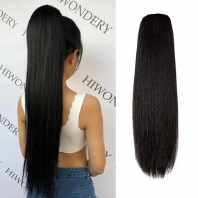 Drawstring Ponytail Long Straight Hair Extension 26Inch Long Straight Pony Tails Natural Synthetic Hairpiece Clip in Ponytail Hairpieces for Black Women(Black1B)