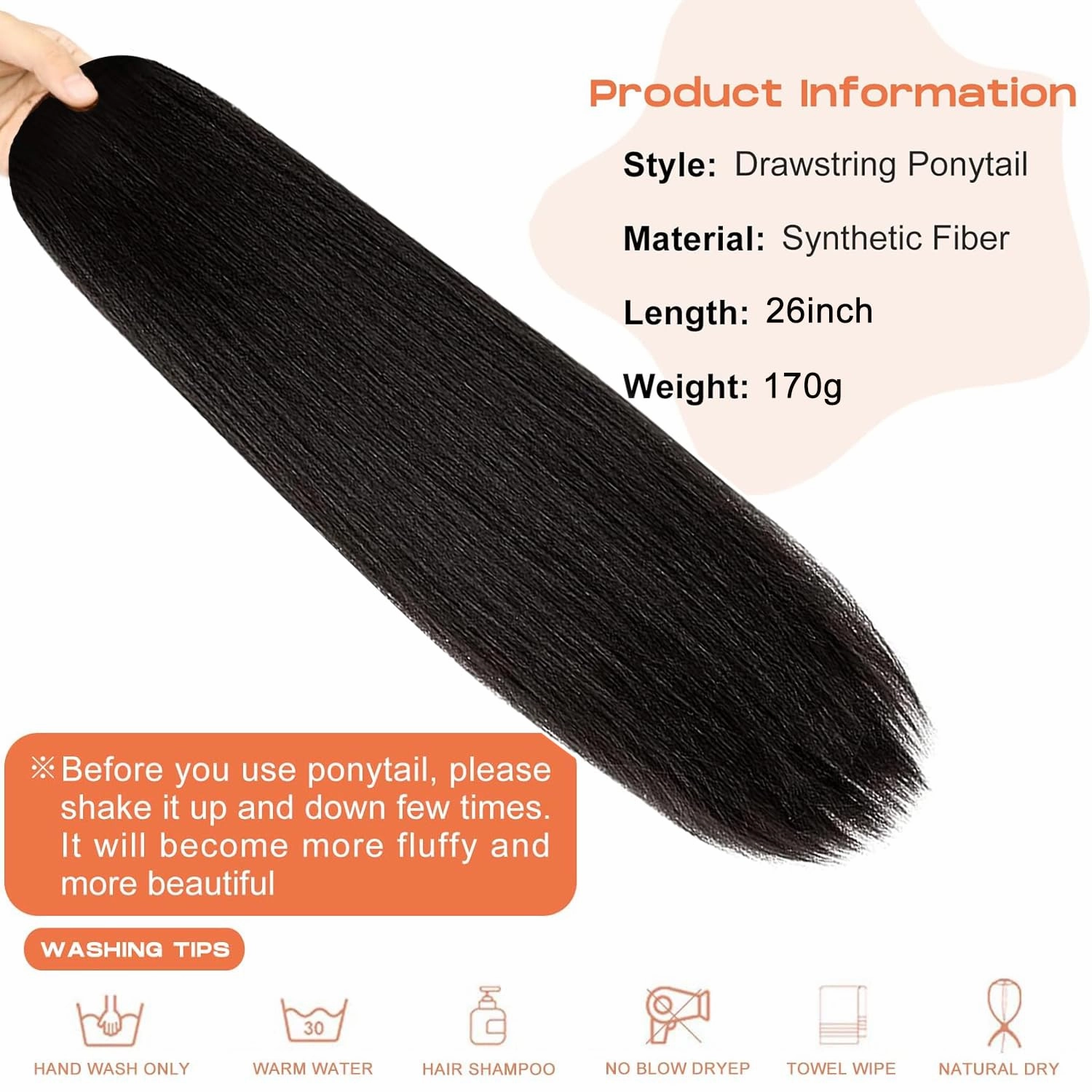 Drawstring Ponytail Long Straight Hair Extension 26Inch Long Straight Pony Tails Natural Synthetic Hairpiece Clip in Ponytail Hairpieces for Black Women(Black1B)