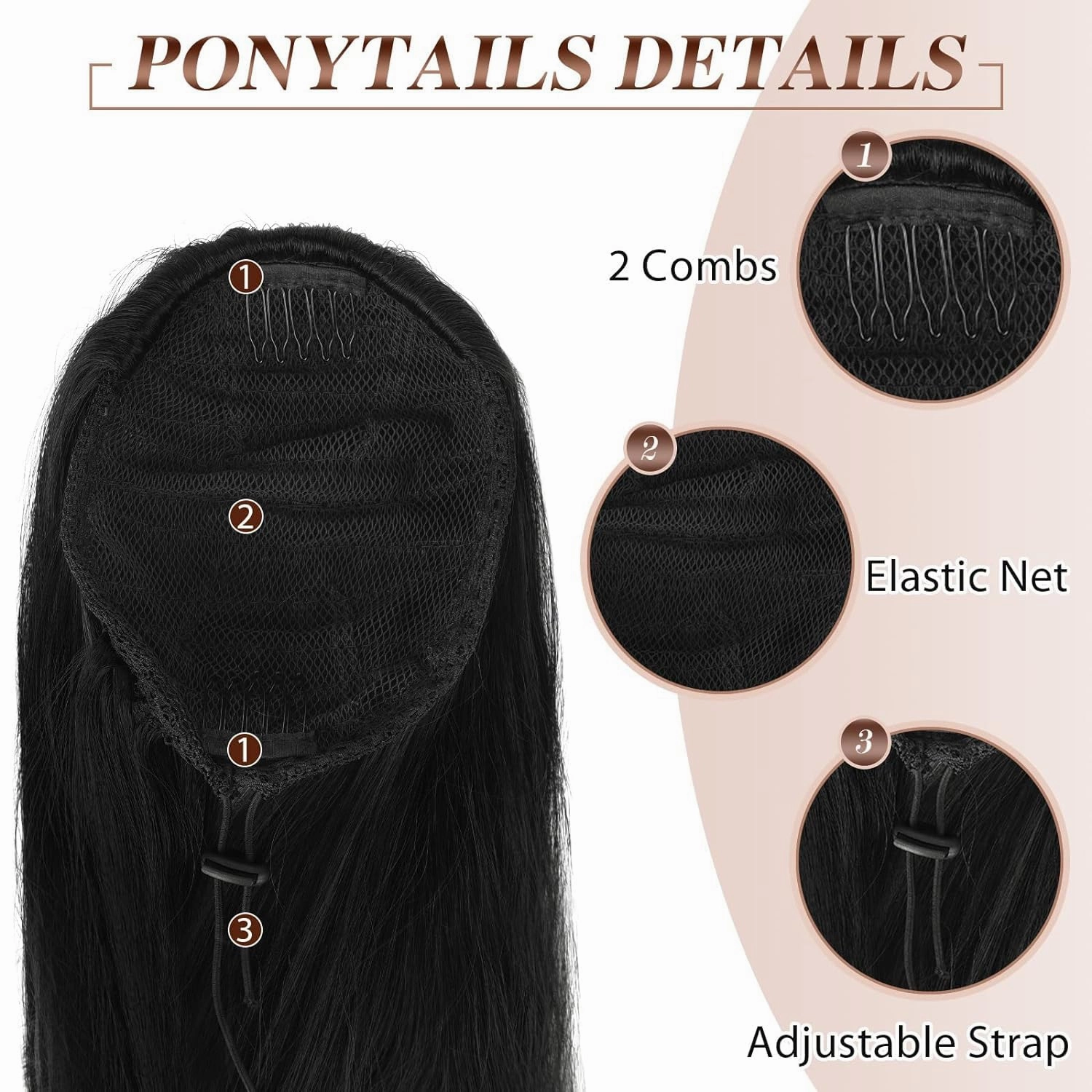 Drawstring Ponytail Long Straight Hair Extension 26Inch Long Straight Pony Tails Natural Synthetic Hairpiece Clip in Ponytail Hairpieces for Black Women(Black1B)