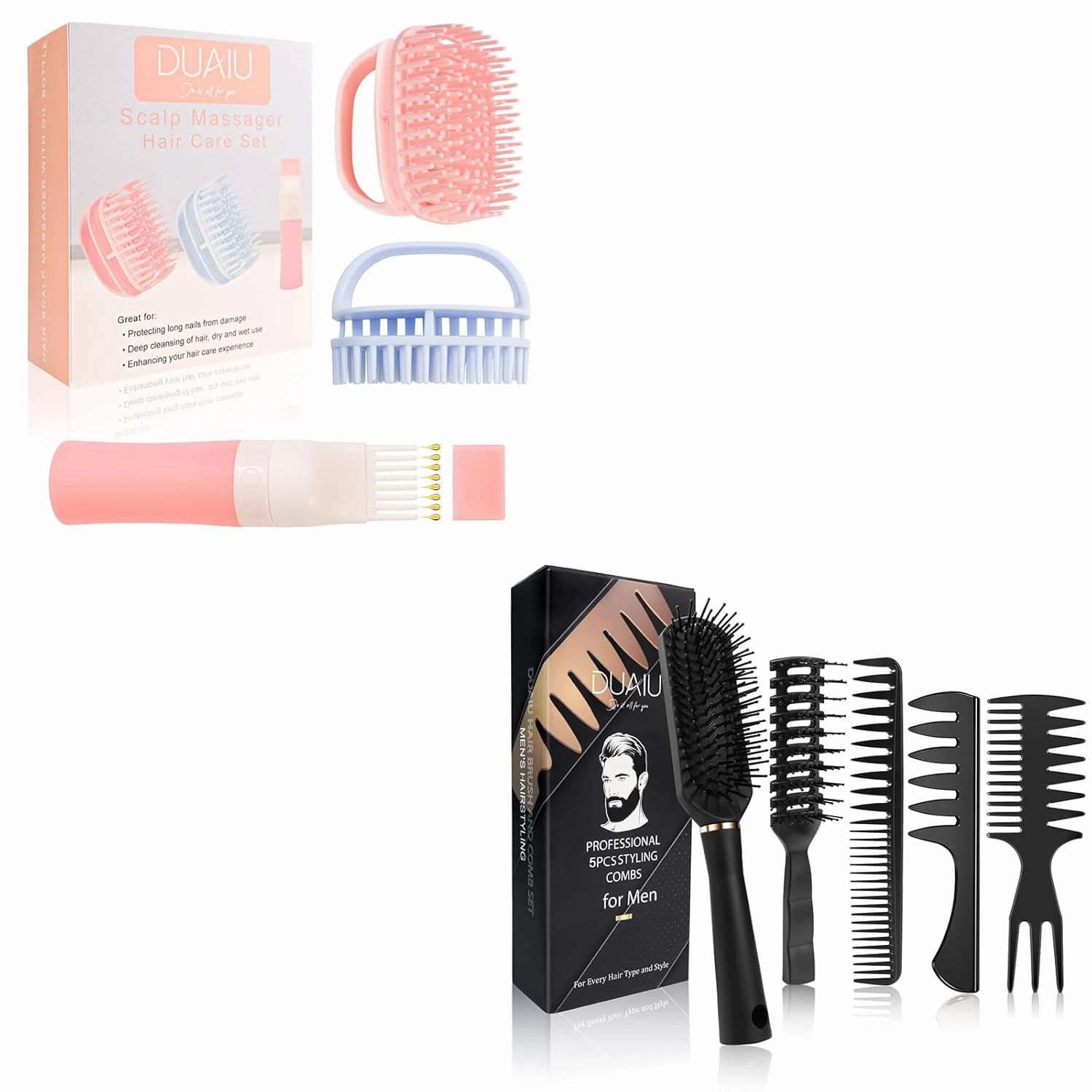 DUAIU Hair Oil Applicator with 2PCS Scalp Massager and 5pcs Hair Brush Set, Silicone Root Comb Applicator Shampoo Brush and Paddle Brush Vented Hair Brush Wide Tooth Comb Hair Styling Combing Set