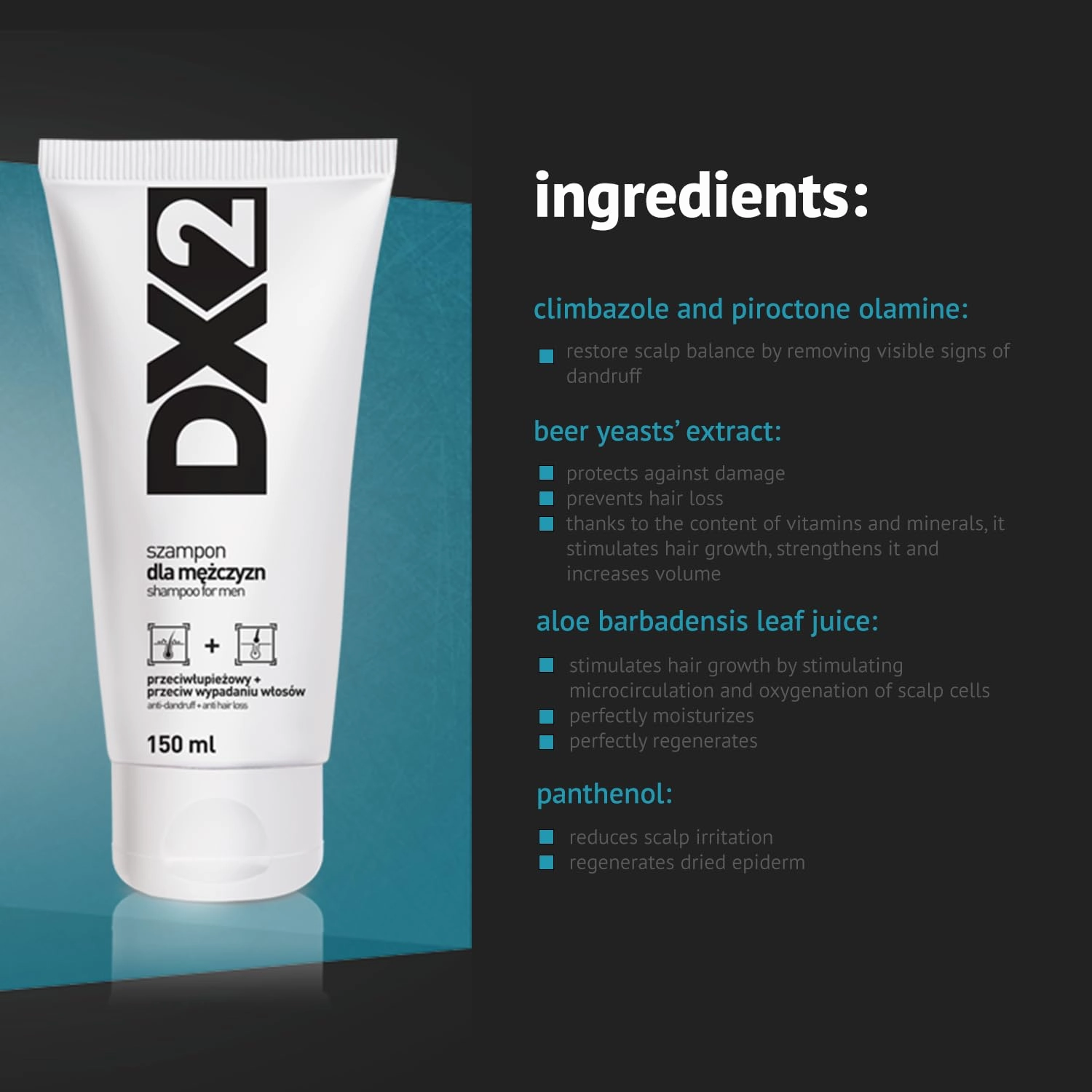 DX2 - Anti-Dandruff   Anti Hair-Loss Shampoo for Men - Double-Action Formula, Eliminates Dandruff and Hair Loss, Everyday Use - 150ml