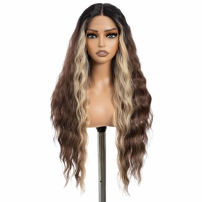 DÉBUT 30 Inches Skunk Stripe Brown Blonde Water Wave 13x6x0.5 Lace Front Wigs Long Wavy Synthetic Hair Ombre Highlight Middle Part Wig for Cosplay Daily Use