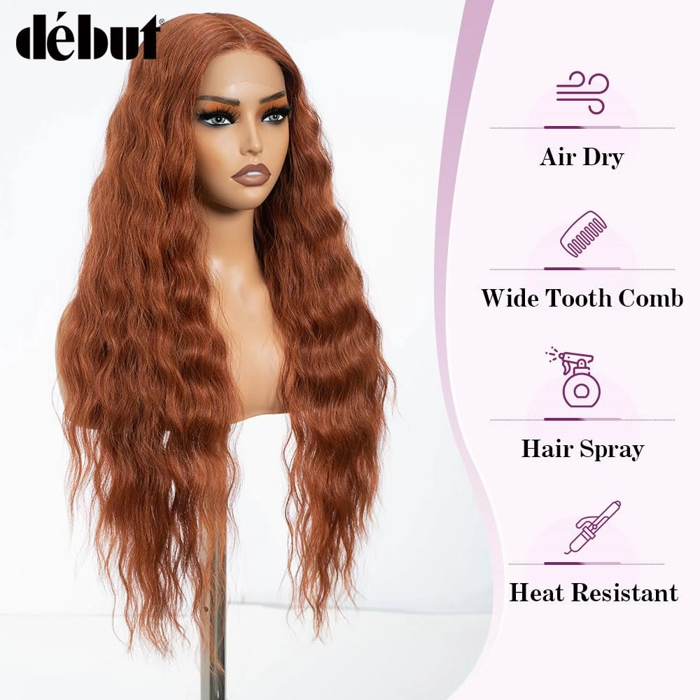 DÉBUT 30 Inches Water Wave Copper Red 13x6x0.5 Lace Front Wigs Long Wavy Synthetic Hair Middle Part Wig for Cosplay Daily Use