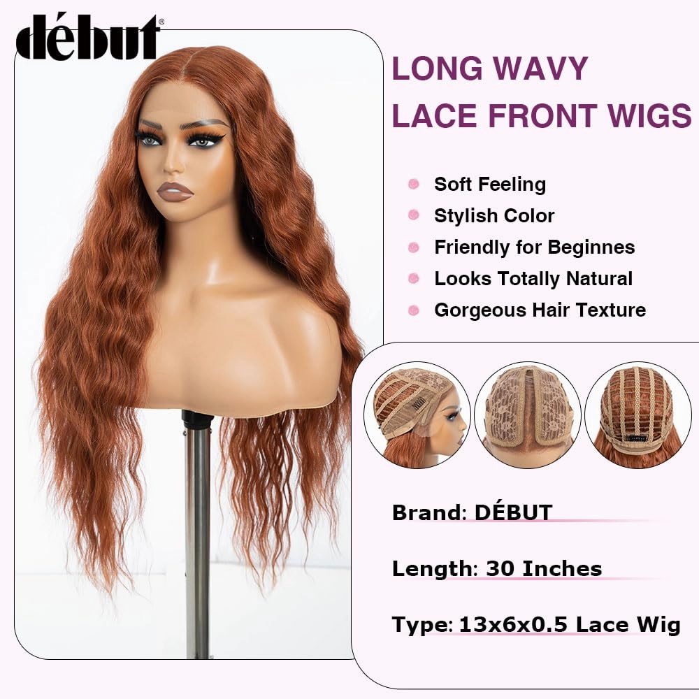 DÉBUT 30 Inches Water Wave Copper Red 13x6x0.5 Lace Front Wigs Long Wavy Synthetic Hair Middle Part Wig for Cosplay Daily Use